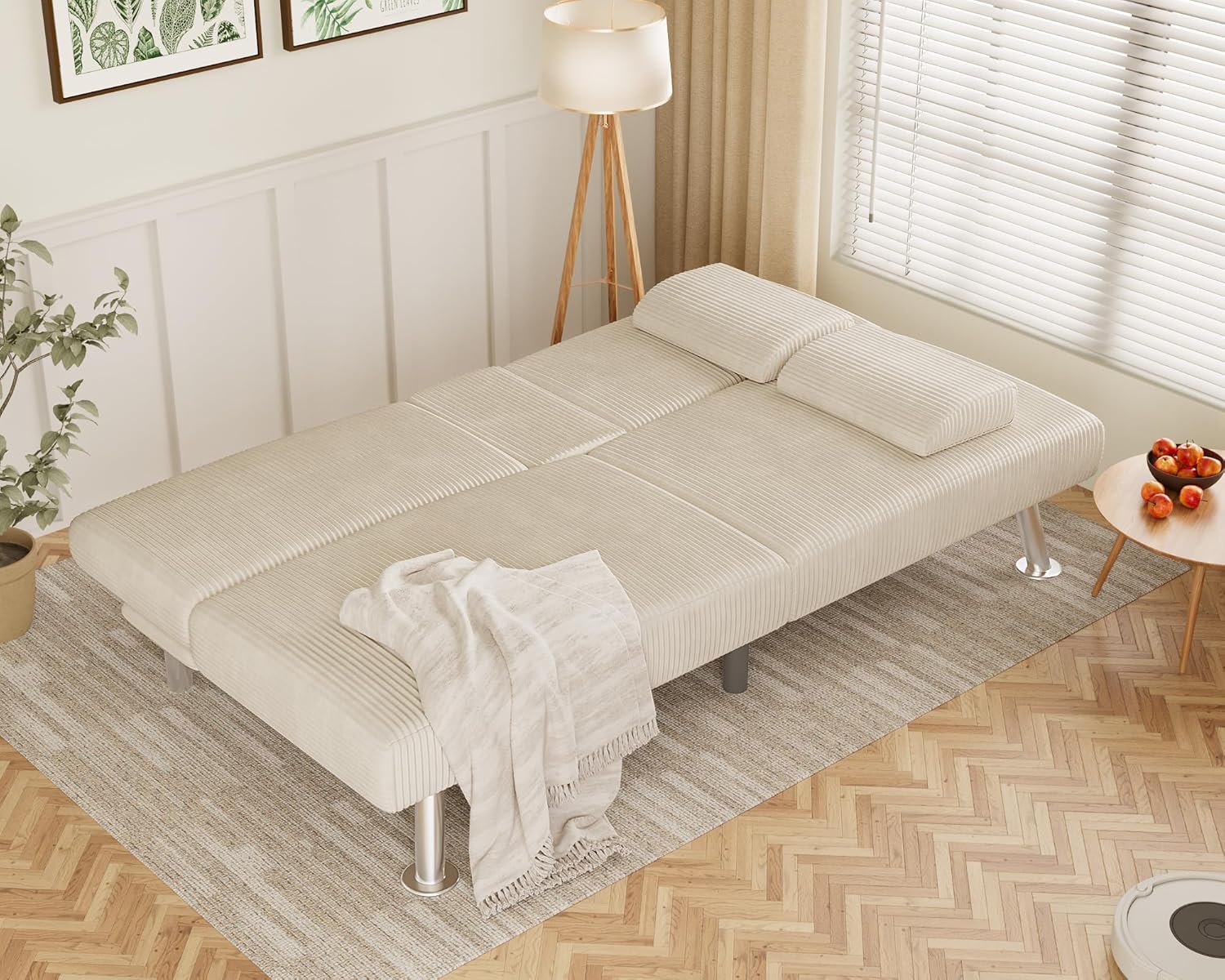Flamaker Futon Sofa Bed Corduroy Folding Couch Adjustable Sleeper Sofa Bed for Small Apartment Upholstered Living Room Furniture Set with 2 Cup Holders Removable Armrests (Corduroy, Beige)
