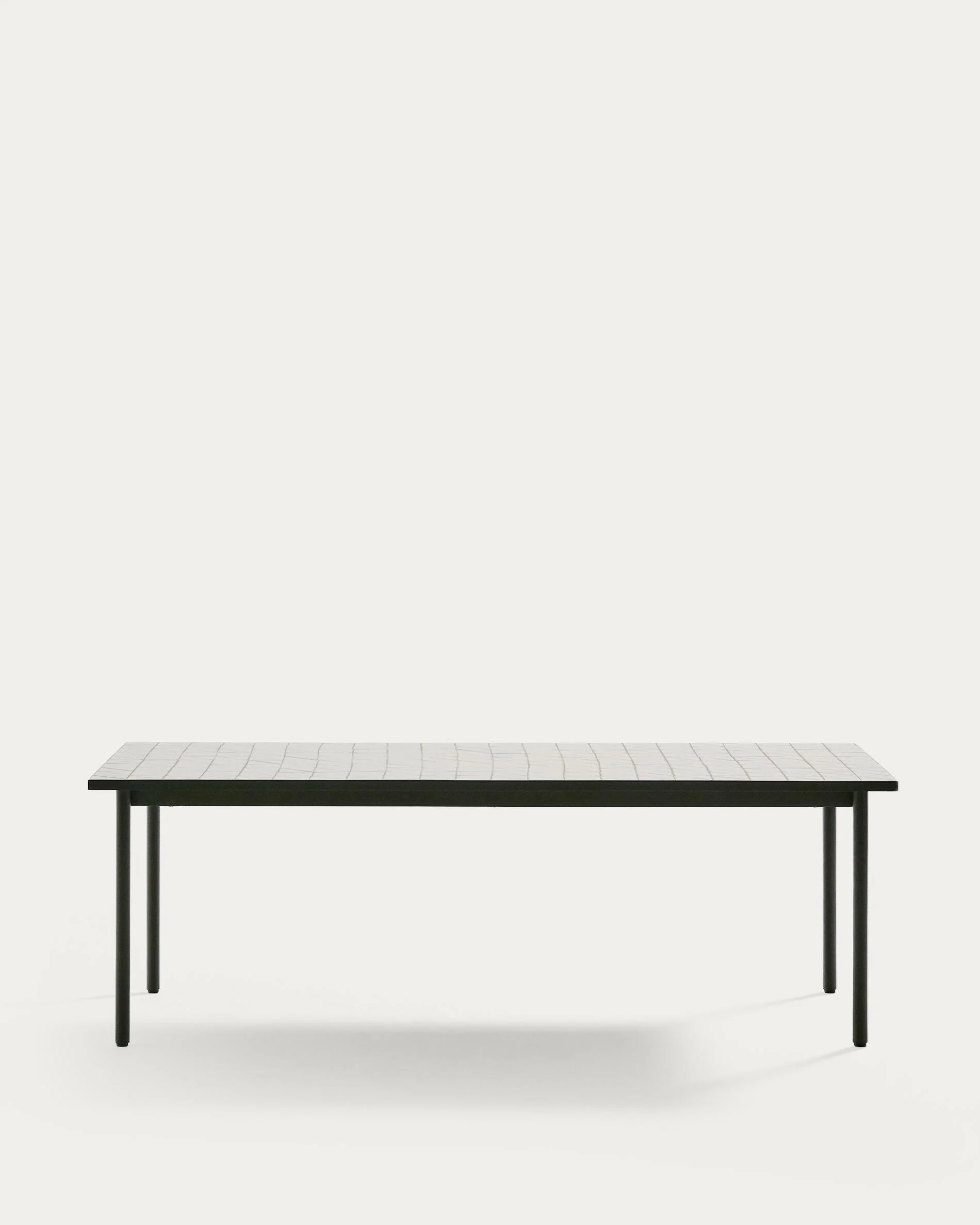 Maurina outdoor table in green galvanised steel with ecru-colored tiles 223 x 101cm