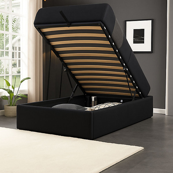 Lit coffre noir 90x190 cm - montage rapide - 12 lattes - design moderne - espace de rangement - tendance