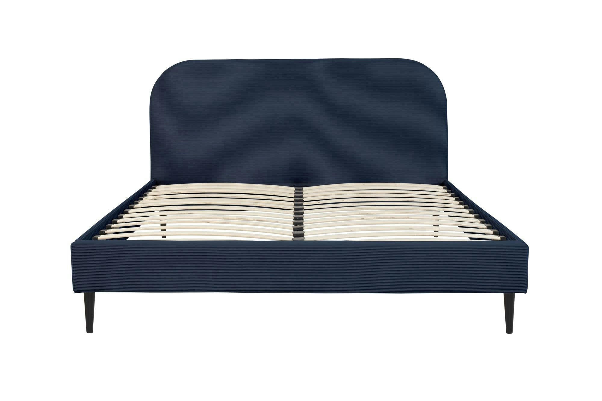 TIM - Lit avec sommier 2 places  en velours côtelé bleu nuit 160x200