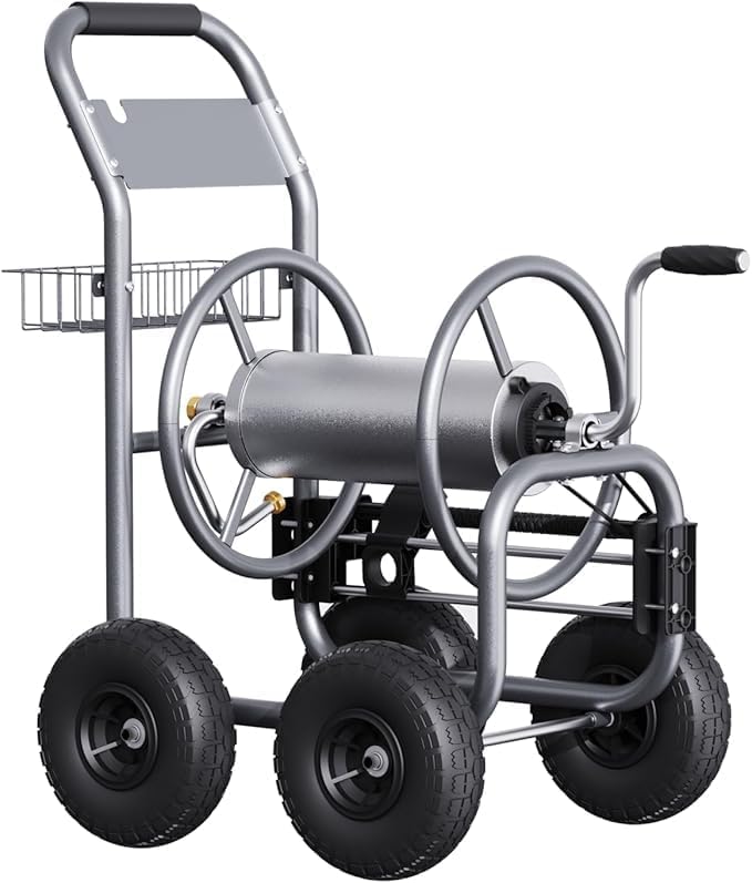 Giraffe Tools Heavy Duty Garden Hose Reel Cart with Wheels - Industrial Outdoor Hose Storage Reel  Pre-Installed Guide for 250-Feet of 5/8 Hose Capacity