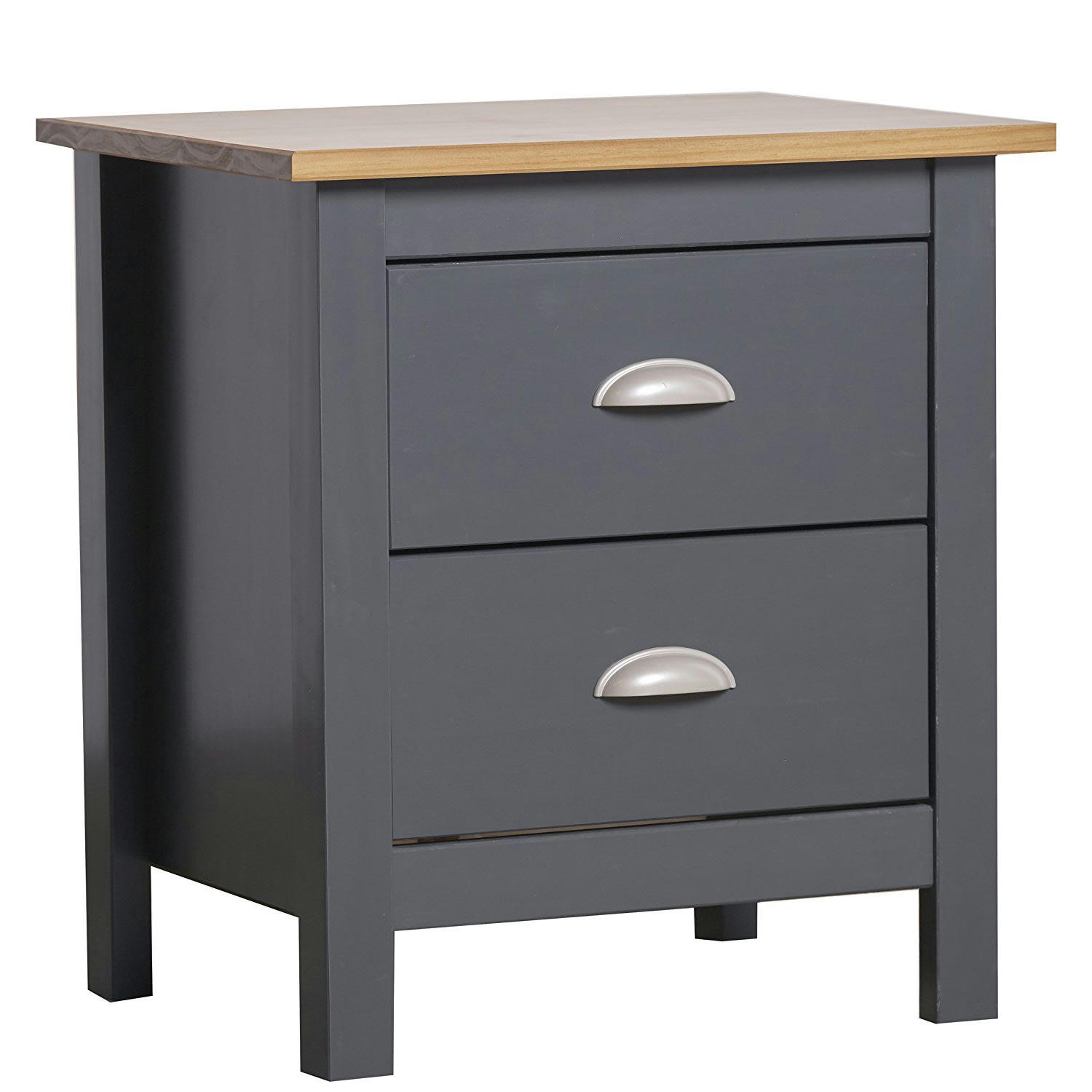 JADE - Table de chevet 2 tiroirs gris/chêne, fabriqué en bois de pin massif