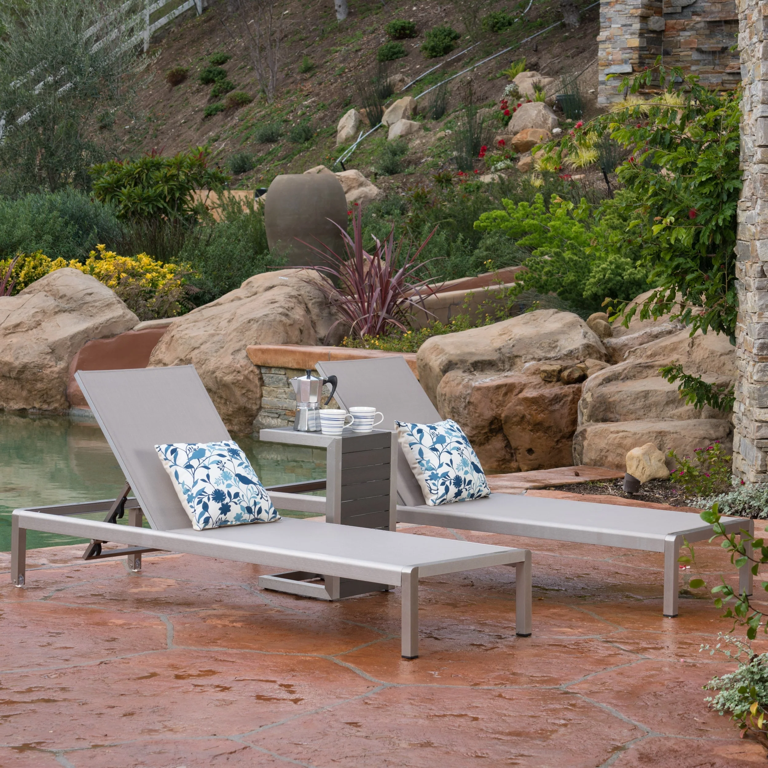 Cape Coral Mesh and Aluminum 3-piece Chaise Lounge with End Table Set by Christopher Knight Home