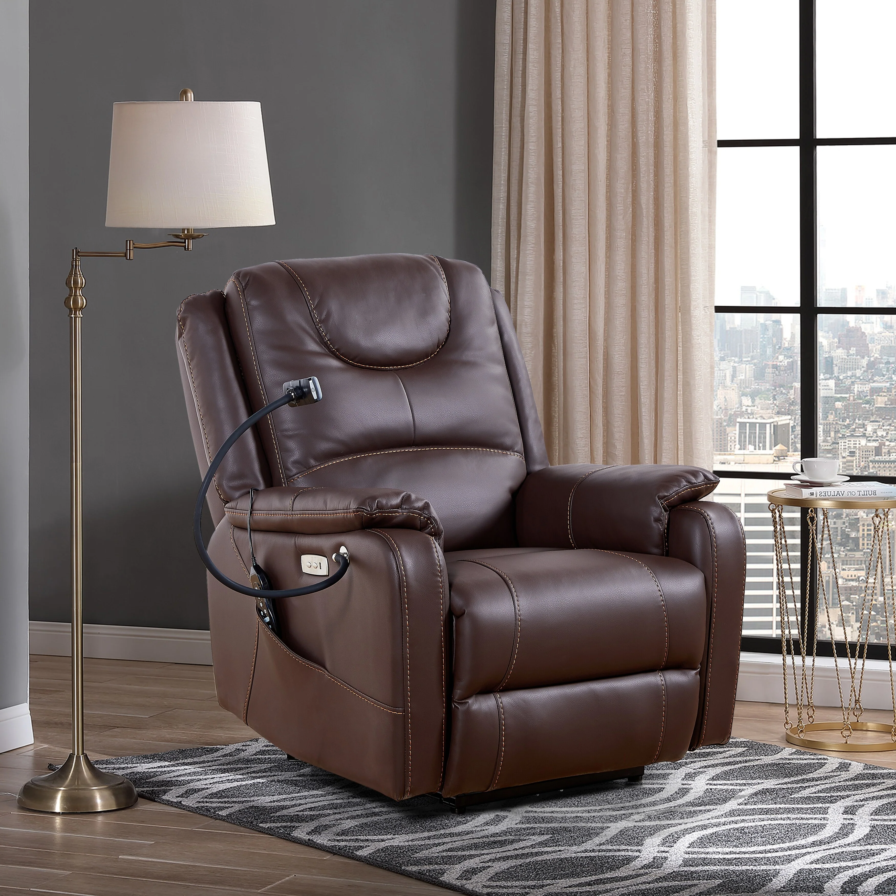 Black Adjustable Power Recliner with Massage, Heating, USB Ports, Phone Holder, and Side Pockets