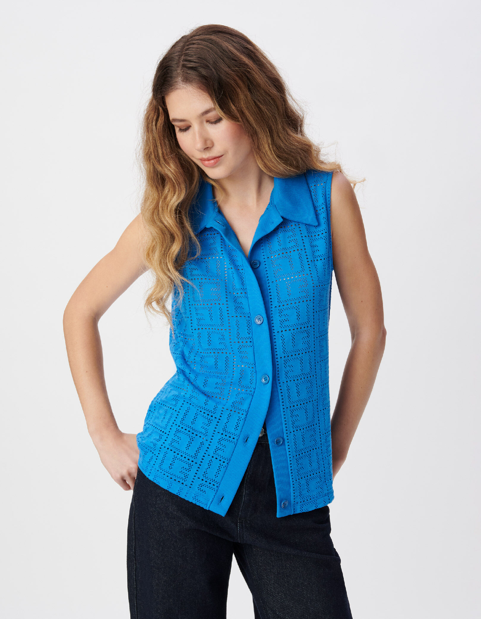 Tee-shirt sans manches bleu maille ajourée Femme