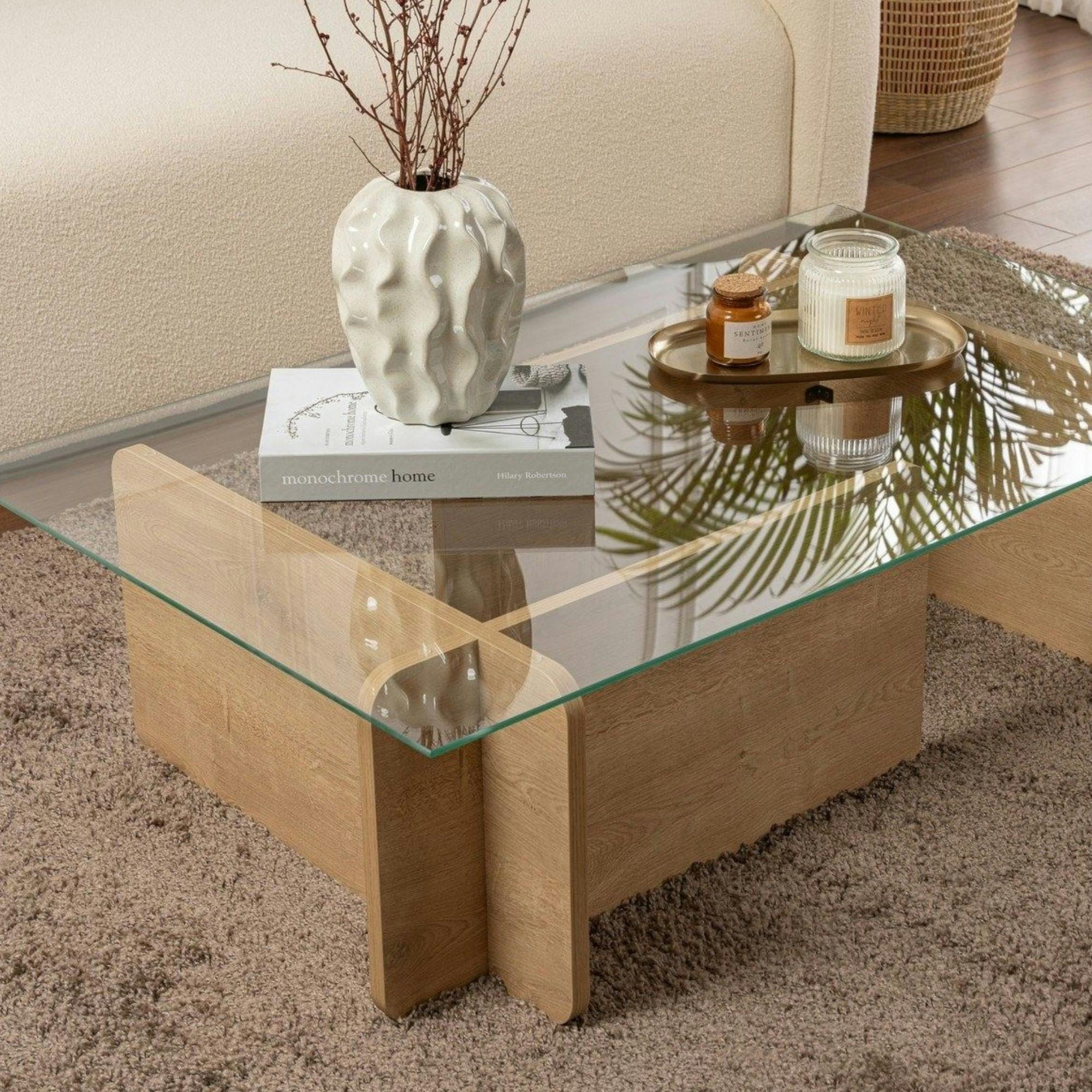Table basse verre déstructurée – base effet chêne clair SALTA