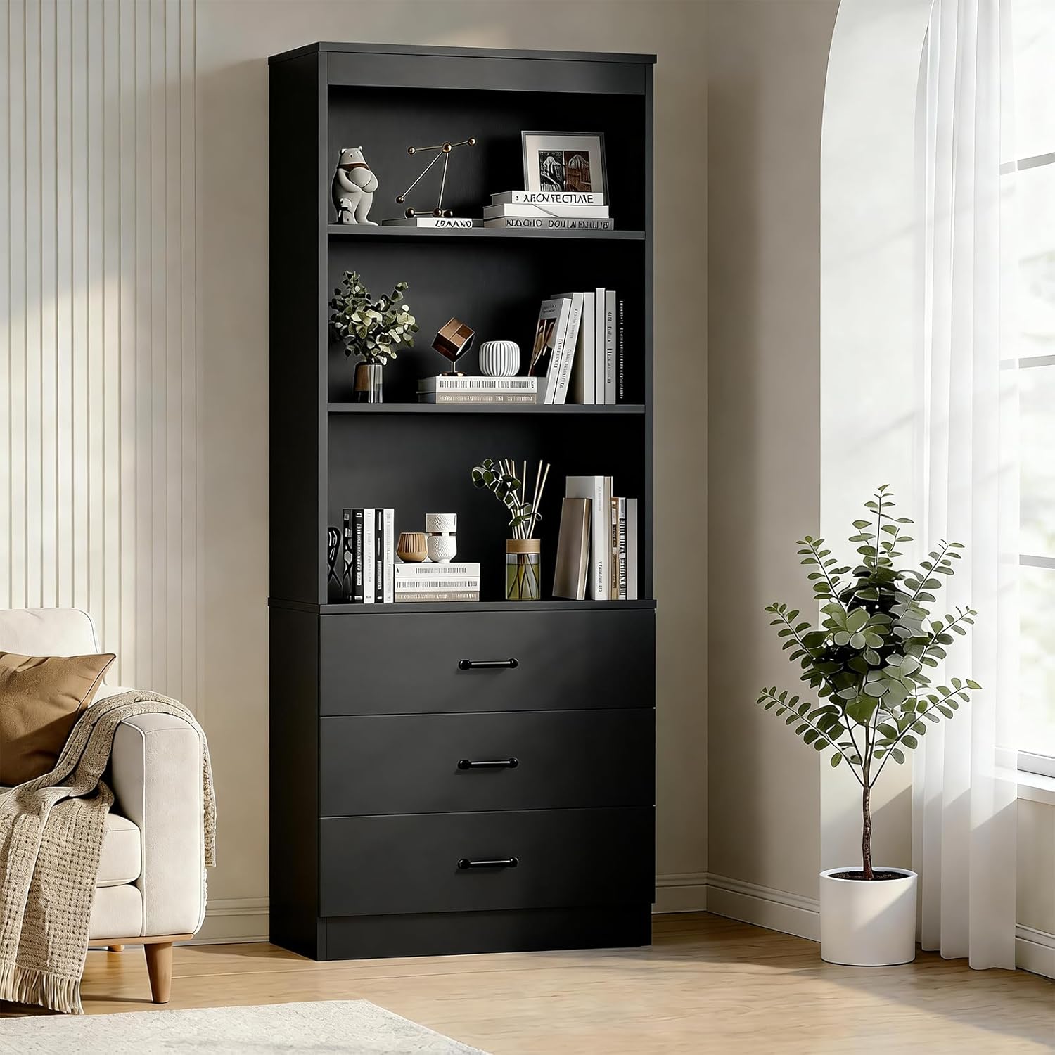 70 H Black Bookshelf with Drawers, Tall Bookcase with 3-Tier Open Shelves, Bookshelf and Bookcase with Storage Cabinet for Home Office,Living Room(Black,6-Tier)
