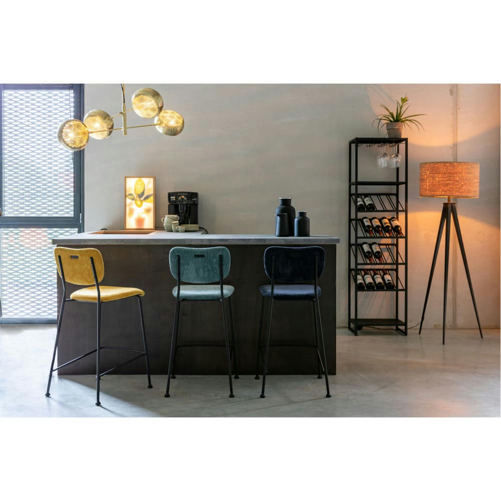 BENSON - Lot de 2 tabourets de bar en velours côtelé 65cm bleu foncé