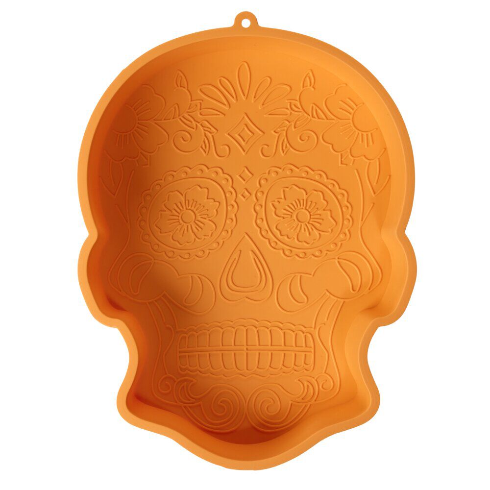 Moule à gâteau crâne calavera silicone orange 30x23,5xH5,5cm
