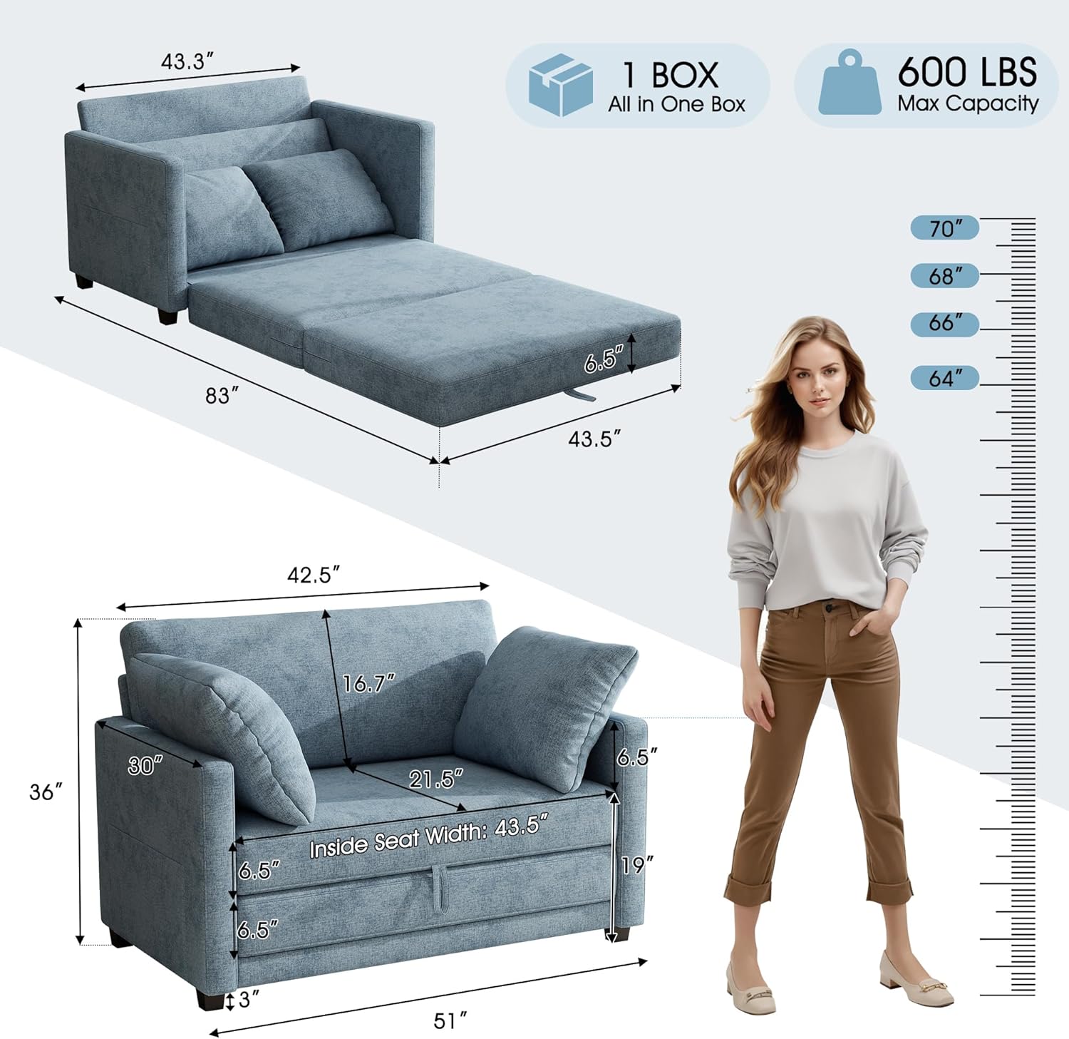 51 Loveseat Sleeper Sofa Bed, Chenille Convertible Floor Sofa Bed for Small Spaces, Folding Couch Bed with Deep Seat, 2 Pillows & Solid Frame, Pull Out Couch for Living Room, Light Blue