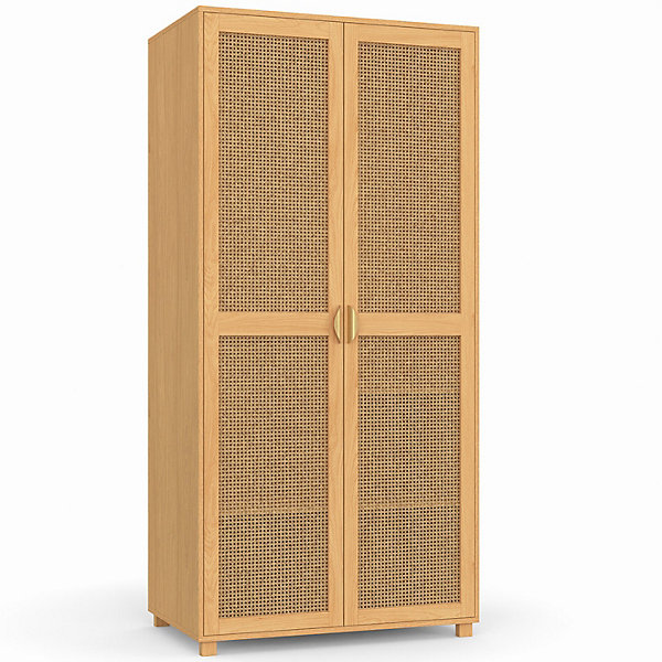 Armoire 2 portes EDHEN bois et cannage penderie 80 cm avec étagères rangement