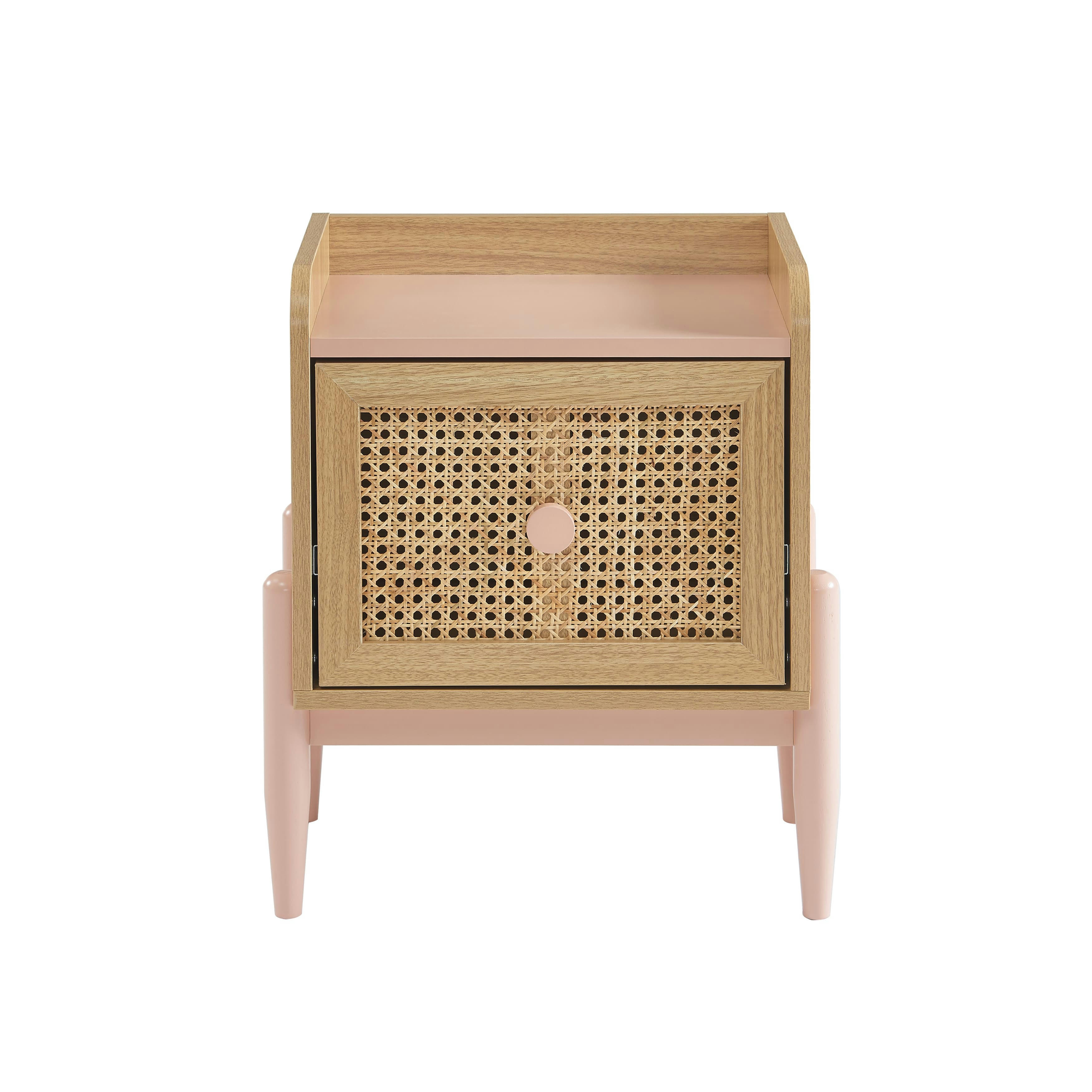 PABLO - Table de chevet enfant  rose et cannage rotin 1 tiroir