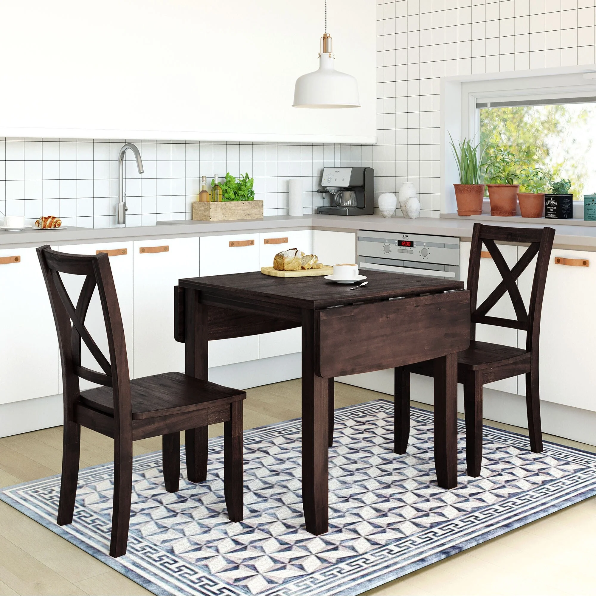 Roomfitters 3-Piece Wood Drop Leaf Breakfast Nook Dining Set with X-Back Chairs