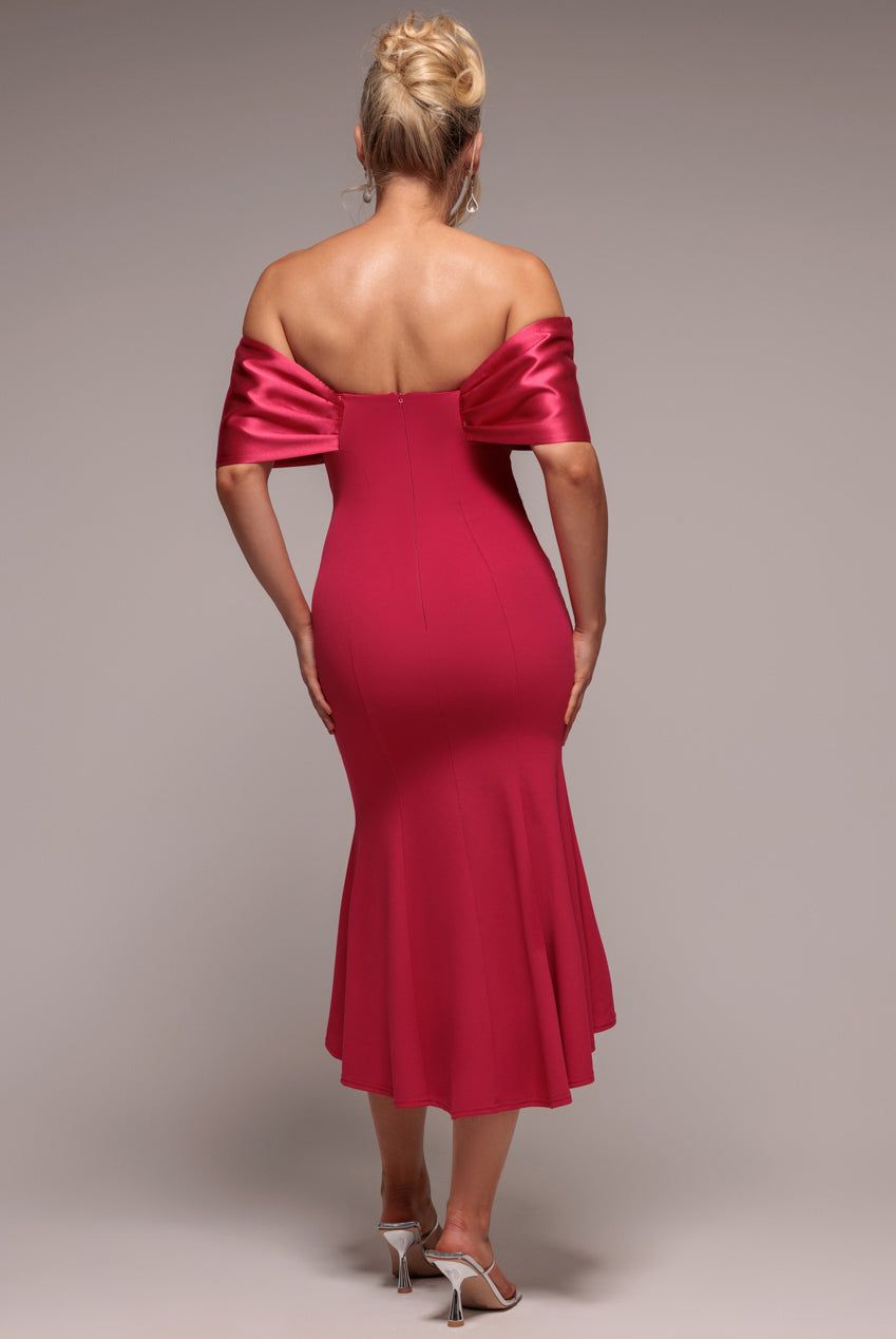 Goddiva Twist Knot Satin & Scuba Bardot High Low Midi Dress