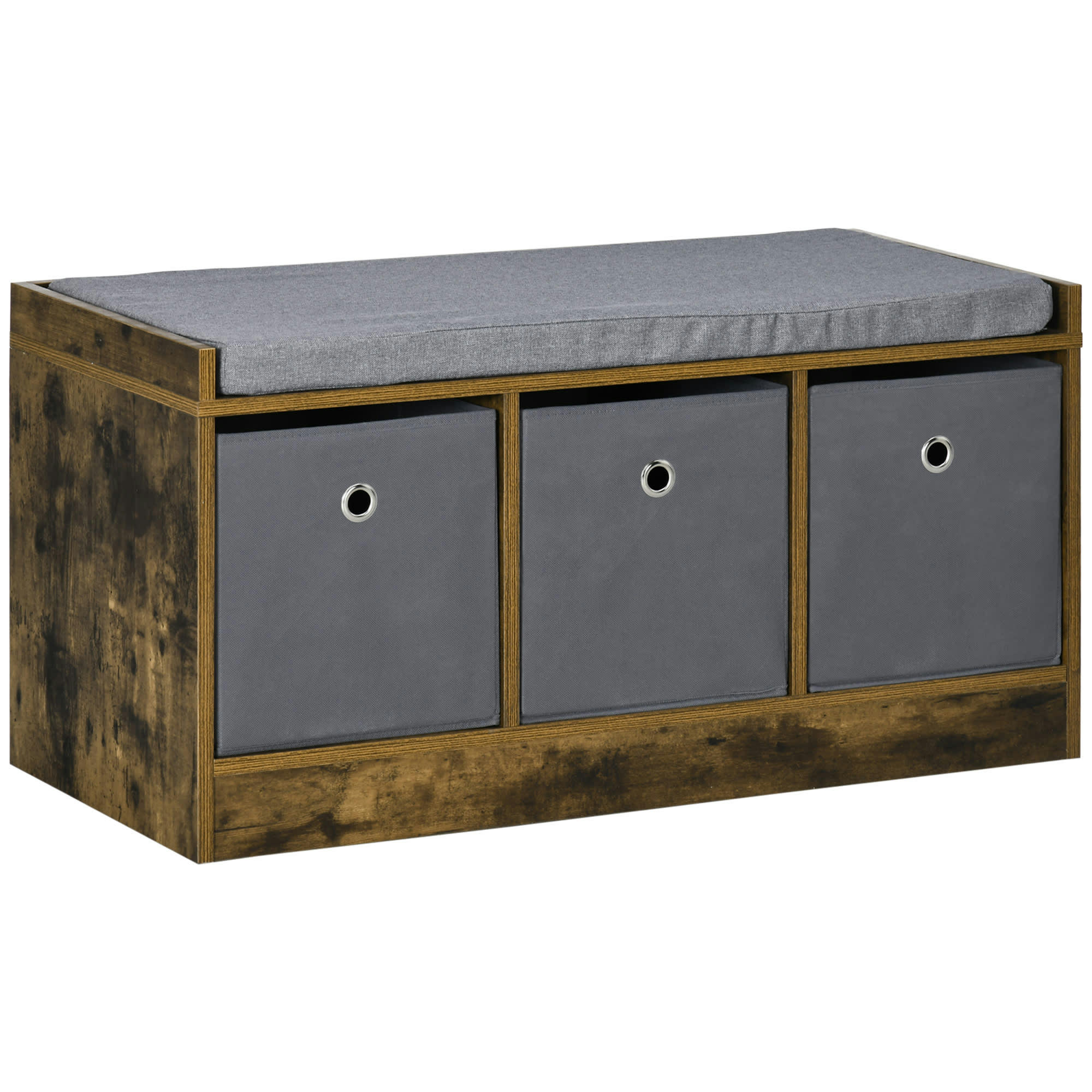 - Banc à chaussures industriel - 3 tiroirs, coussin - aspect vieux bois