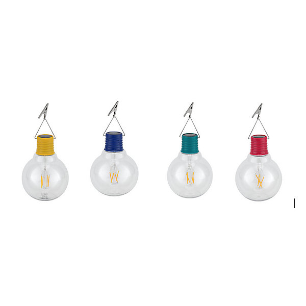 Lot de 4 ampoules solaire culot coloré à suspendre- Hauteur 24,5cm- 4 LED COB filament blanc chaud par ampoule- 3 Lumens