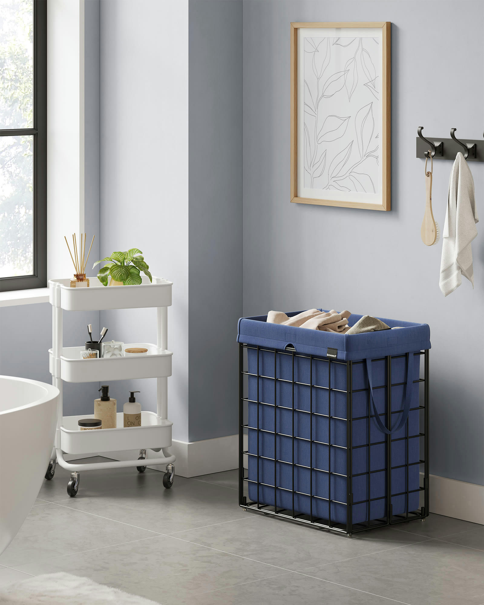 90L - Panier à linge sale 90L en métal noir et bleu anthracite