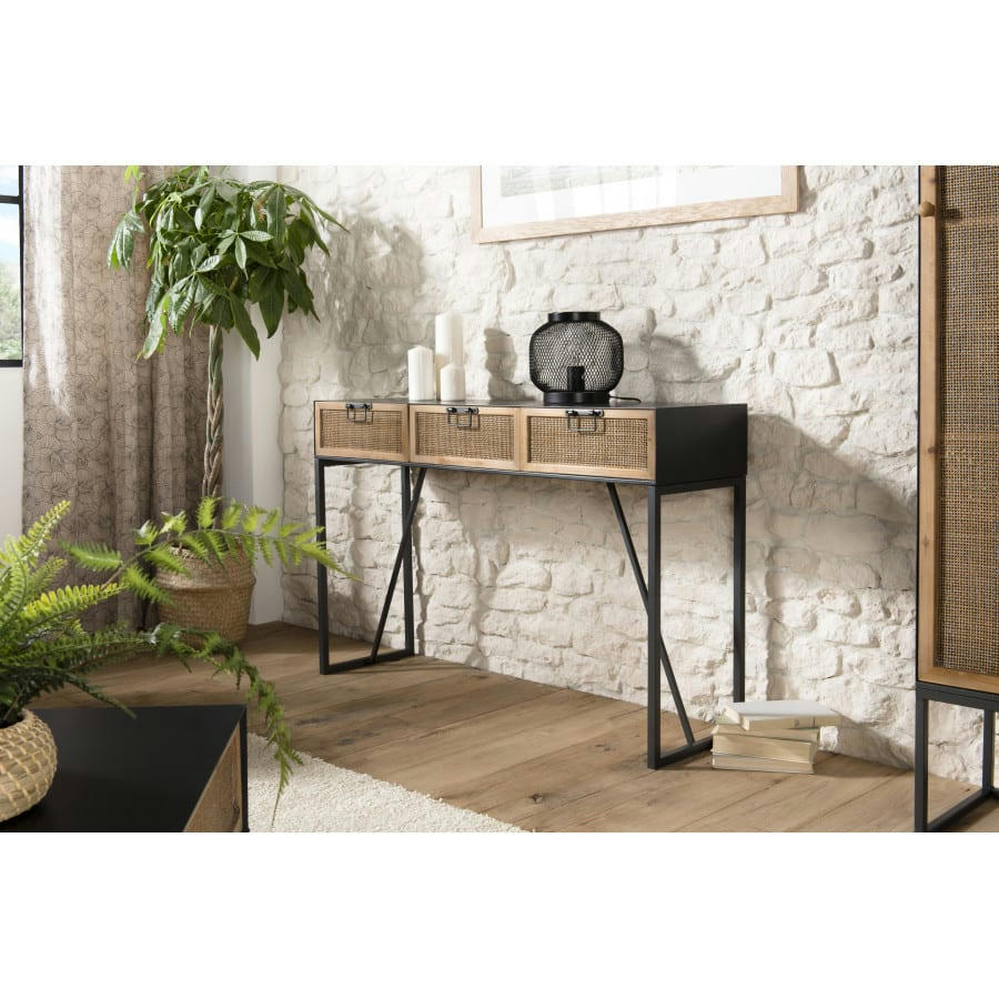 DORIANE - Console métal 3 tiroirs cannage