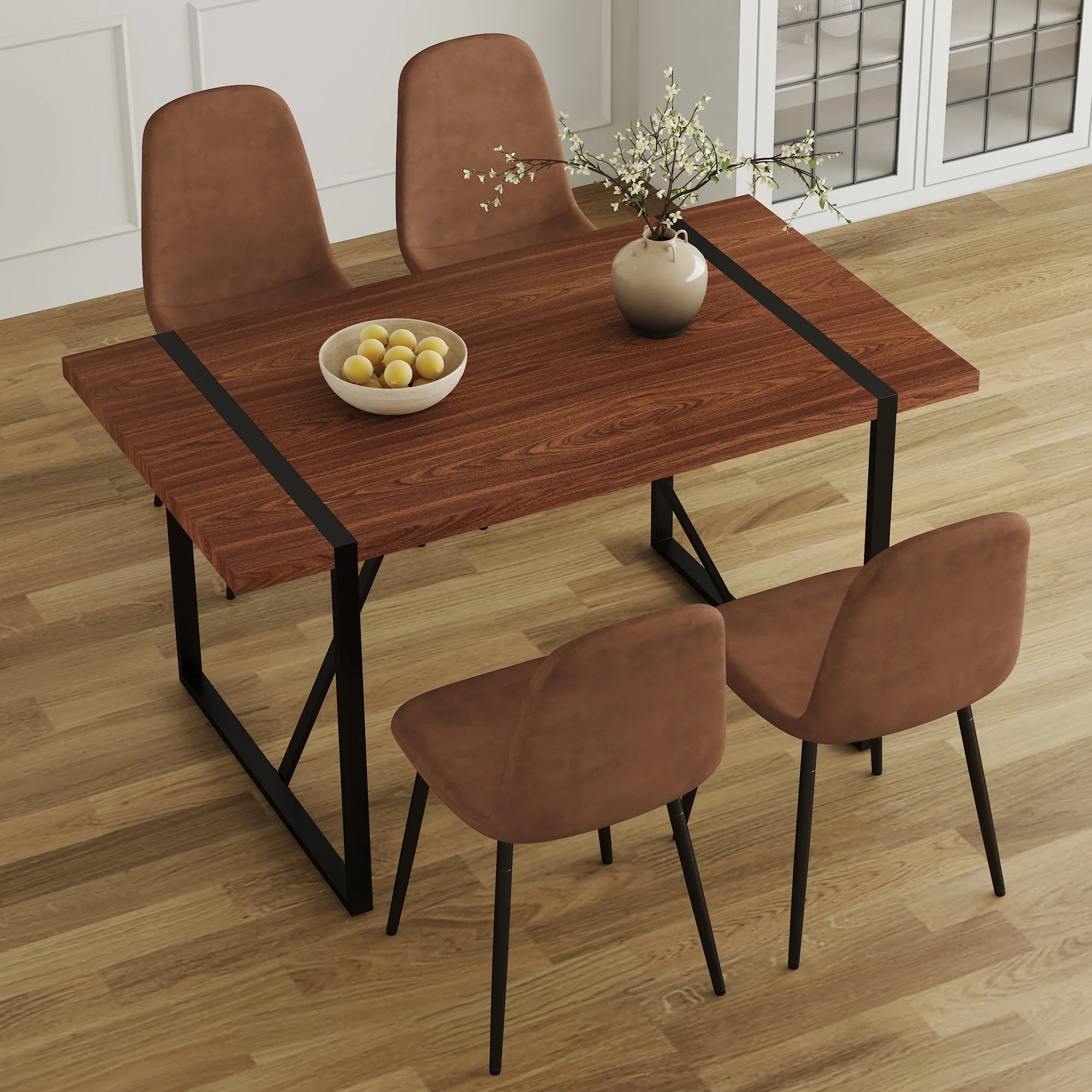 Modern Dining Table Set with Rectangular Wood Textured Top and Armless Upholstered Chairs