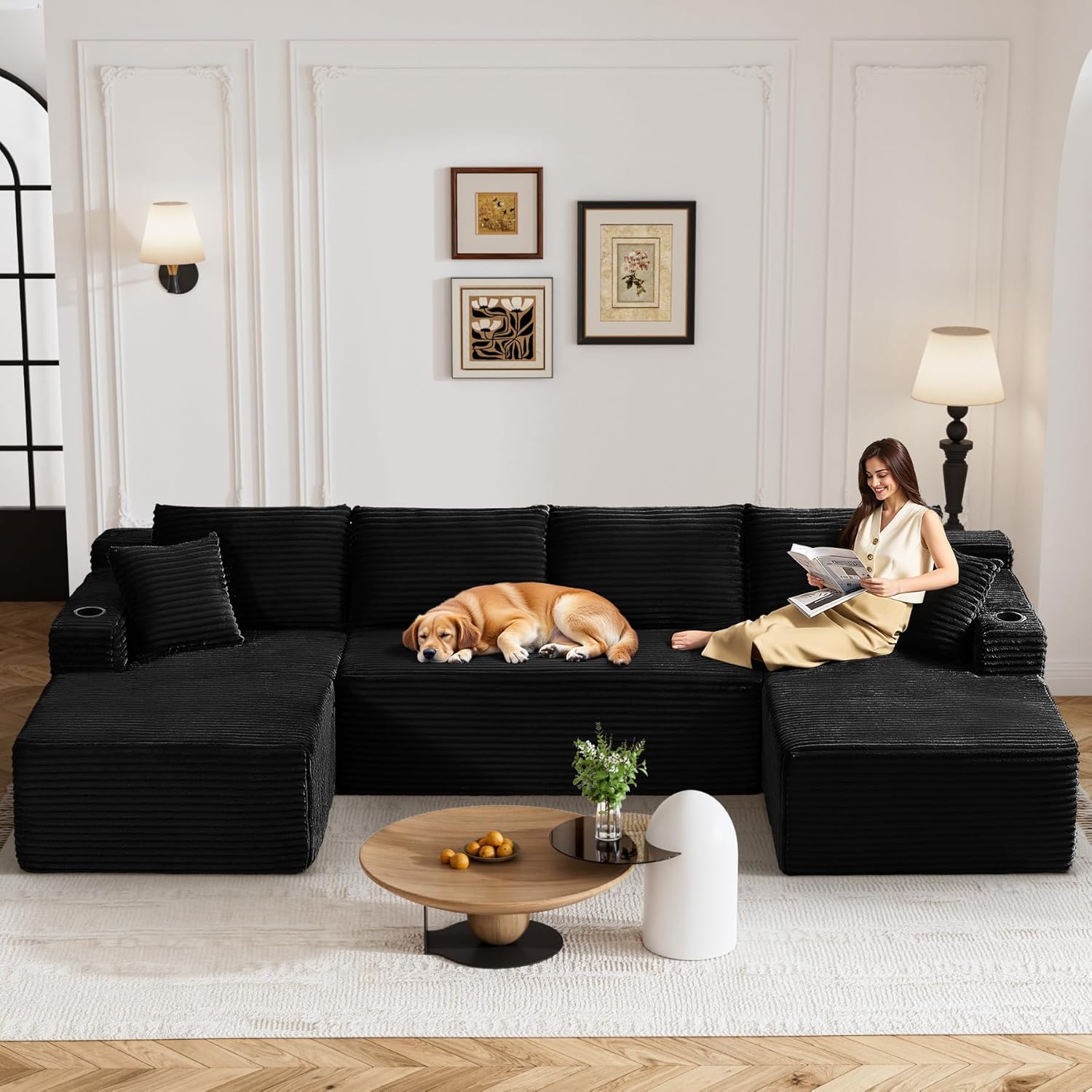 133 Oversized Cloud Boneless Sofa Couch with Chaise, Modern Corduroy U Shaped Modular Sectional Sofa with Deep Seat, Comfy Couch with Cupholders and Storage, No Assembly Required-Black