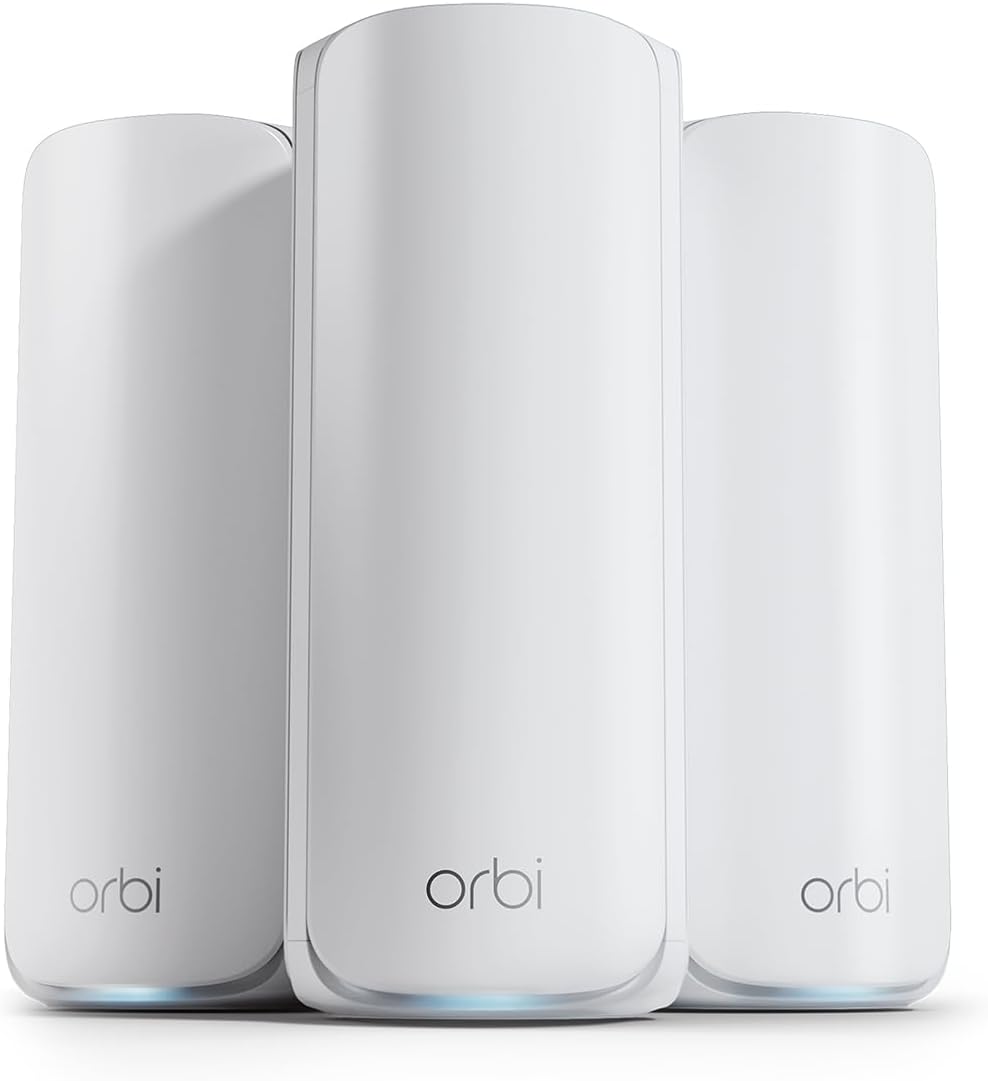NETGEAR Orbi 870 Series Tri-Band WiFi 7 Mesh System (RBE873) - Router + 2 Satellite Extenders  Security Features  Up to 21 Gbps  Covers Up to 9 000 Sq. Ft.  150 Devices  10 Gig Internet Port  BE21000