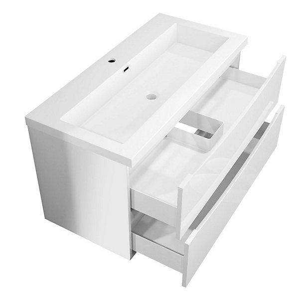 Meuble de salle de bain 100 cm, 3 tiroirs, MDF brilliant blanc, avec vasque   pieds