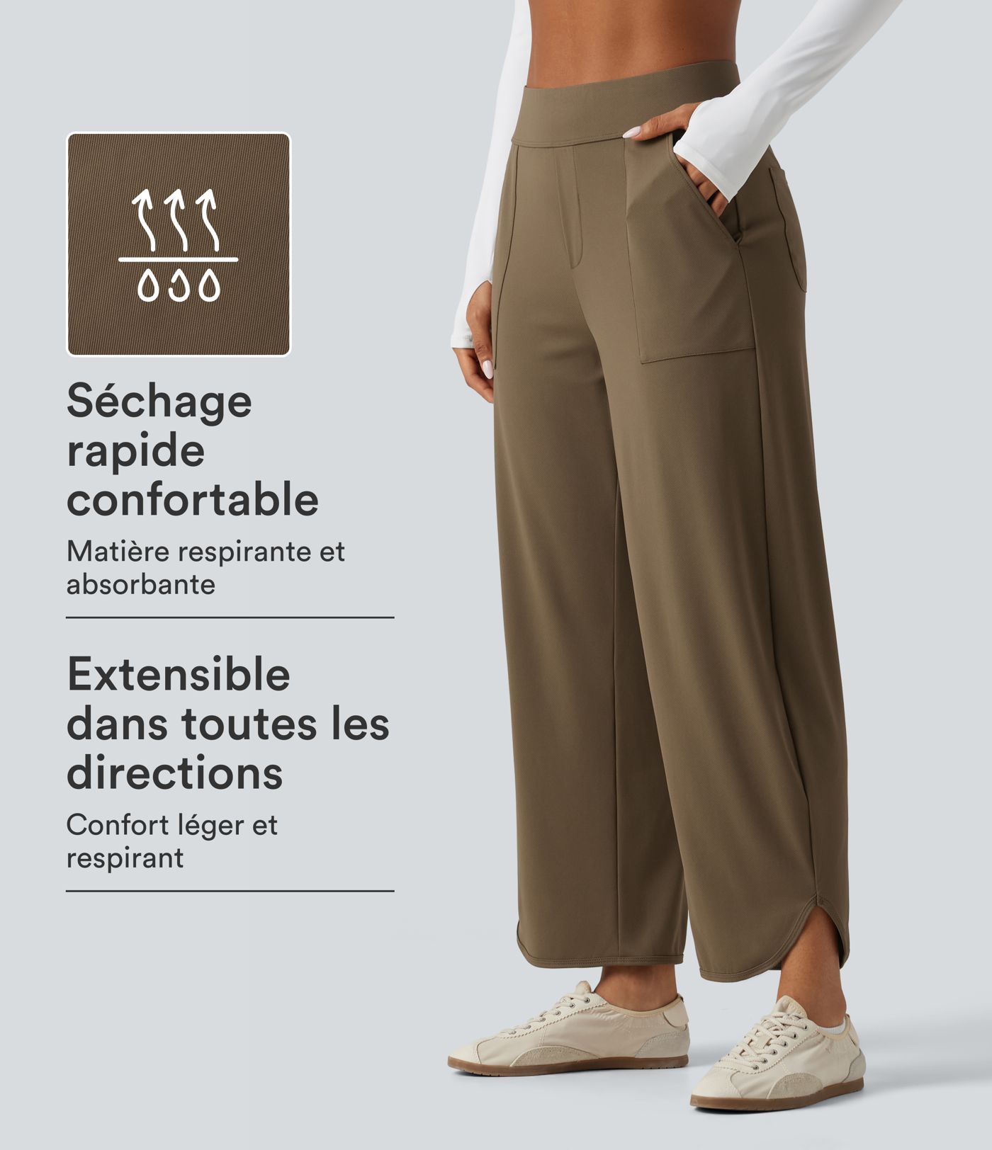 Pantalon de danse à séchage rapide taille haute coupe barrel et ourlet arrondi avec poches et protection solaire UPF40
