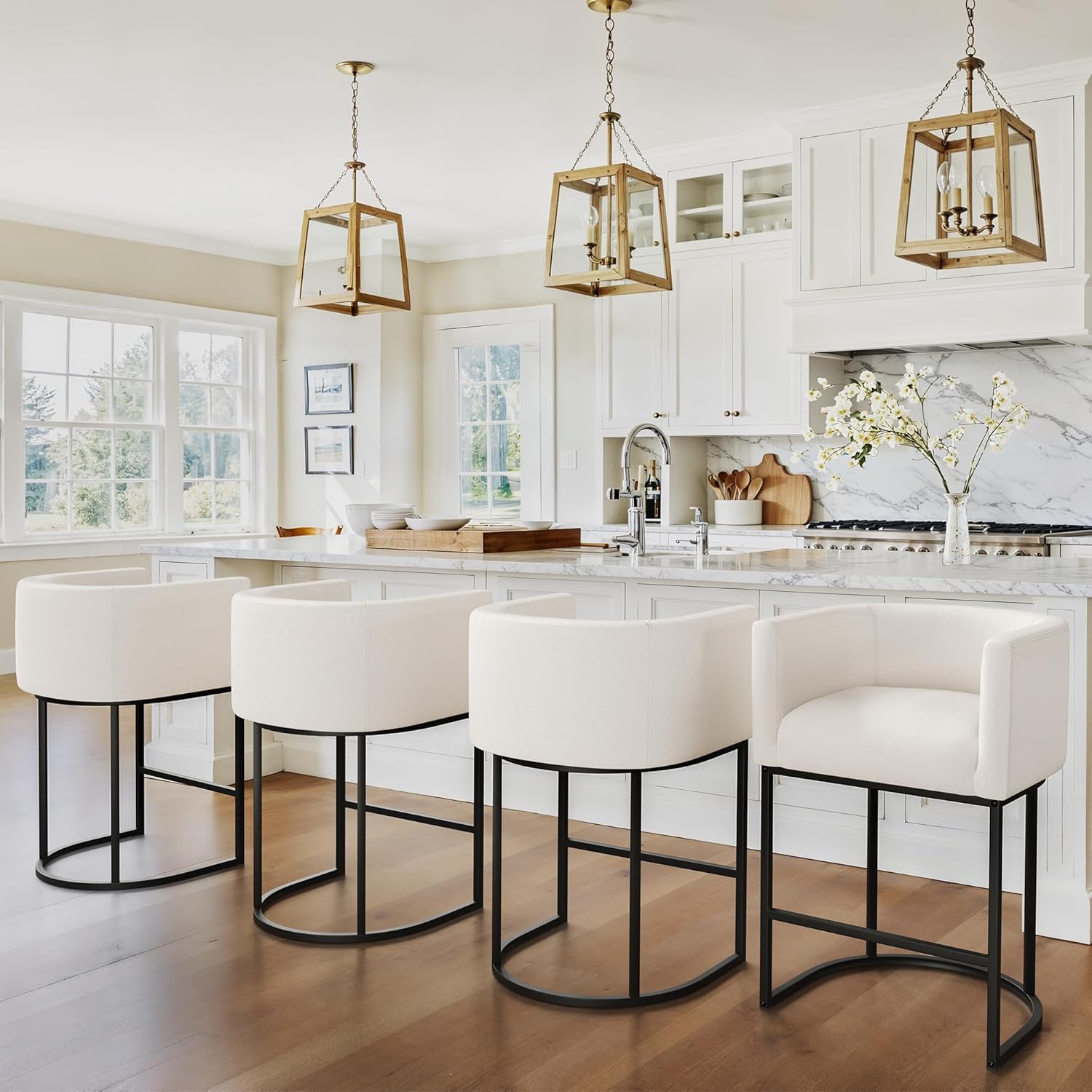 LUE BONA 27 H Counter Height Bar Stools Set of 3, Modern Barrel Counter Stools with Backrest and Arms, Black Metal Frames, Linen Fabric Upholstered Accent Barstools for Kitchen Island, Beige