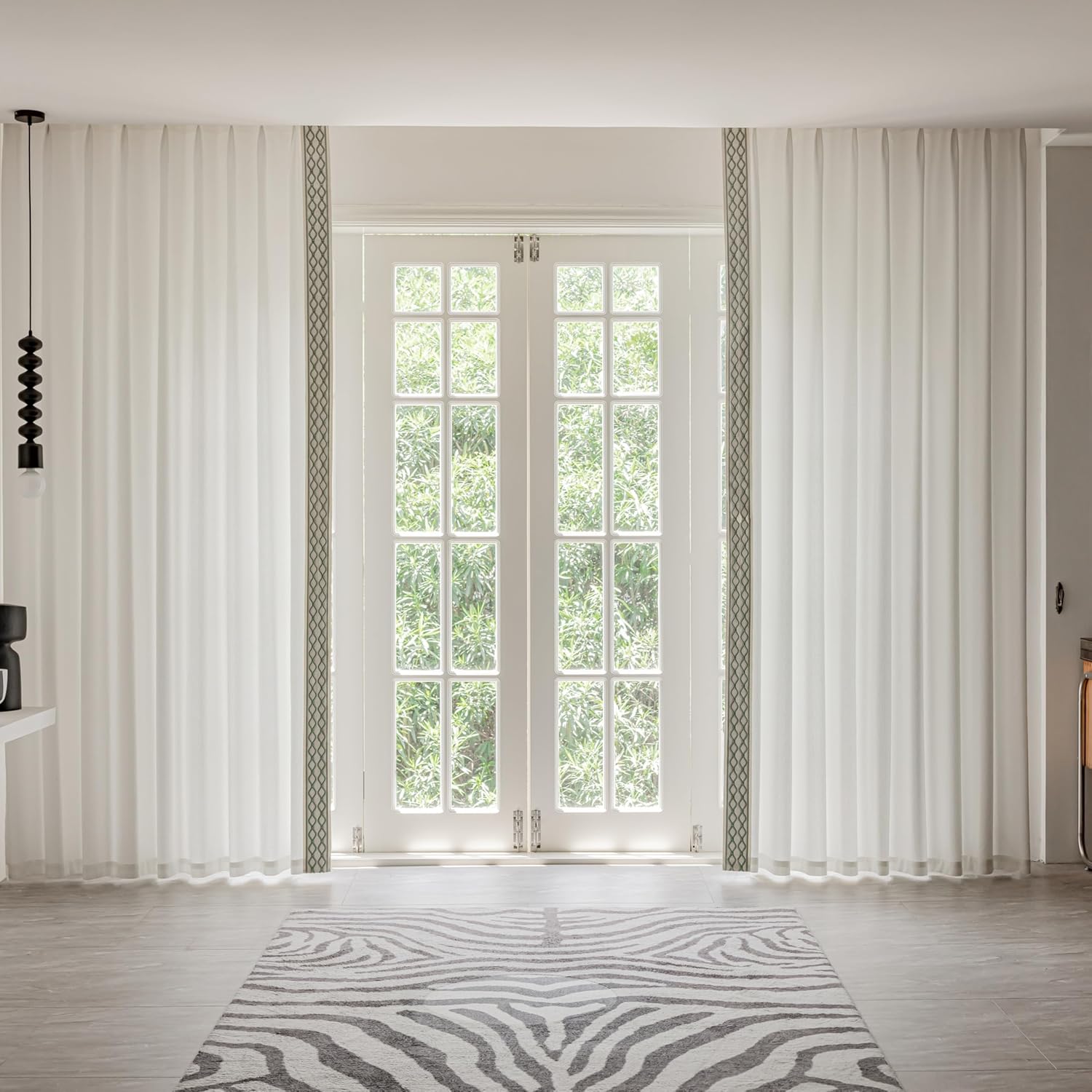 White Colour Linen Curtain Panels with Embroidered Trim Design, Pinch Pleat Curtains, Semi-Sheer Curtains for Sliding Patio Doors Bedroom (2 Panels) (50W x 108L)