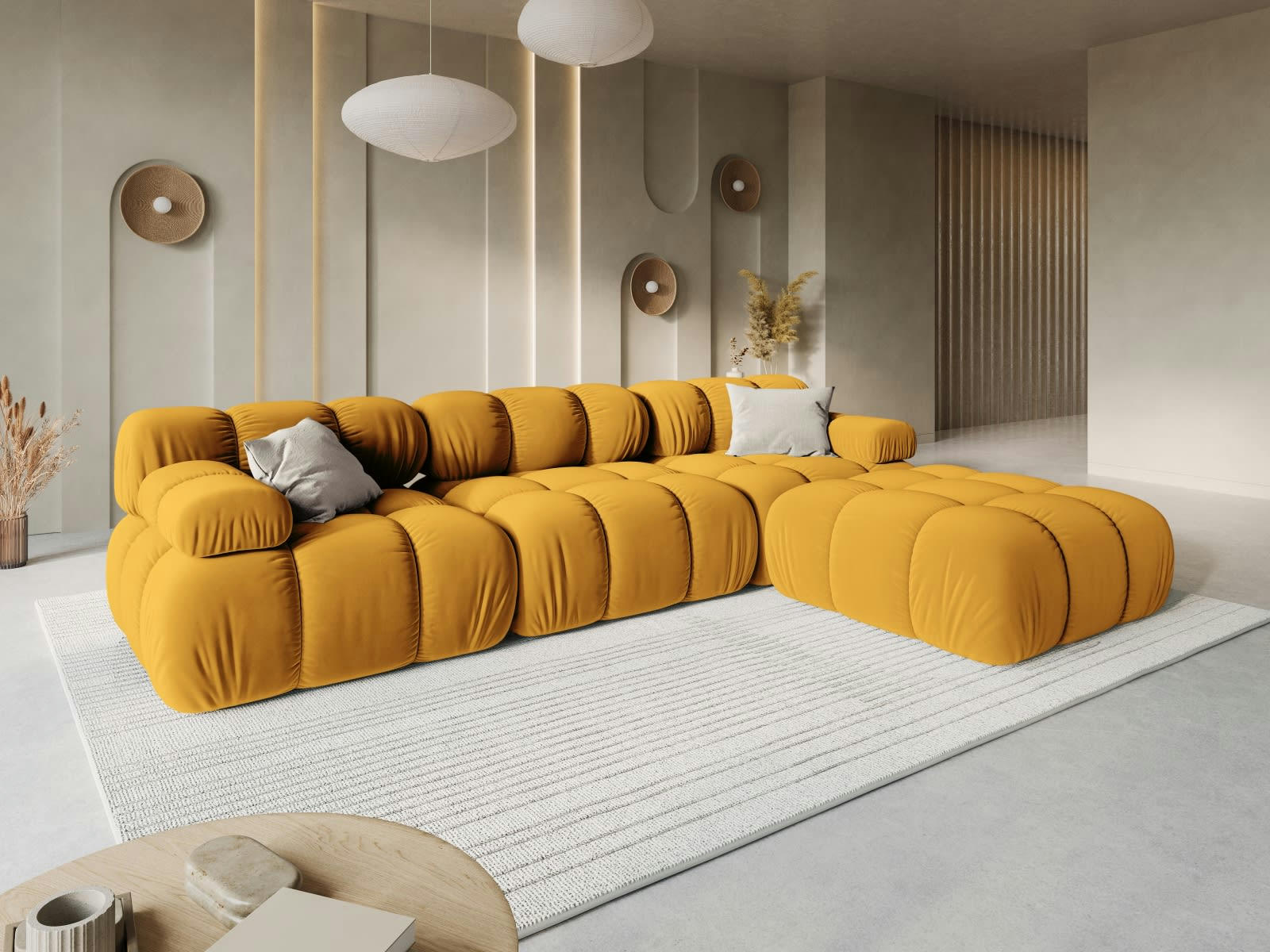 BELLIS - Canapé modulable 3 places en tissu velours jaune