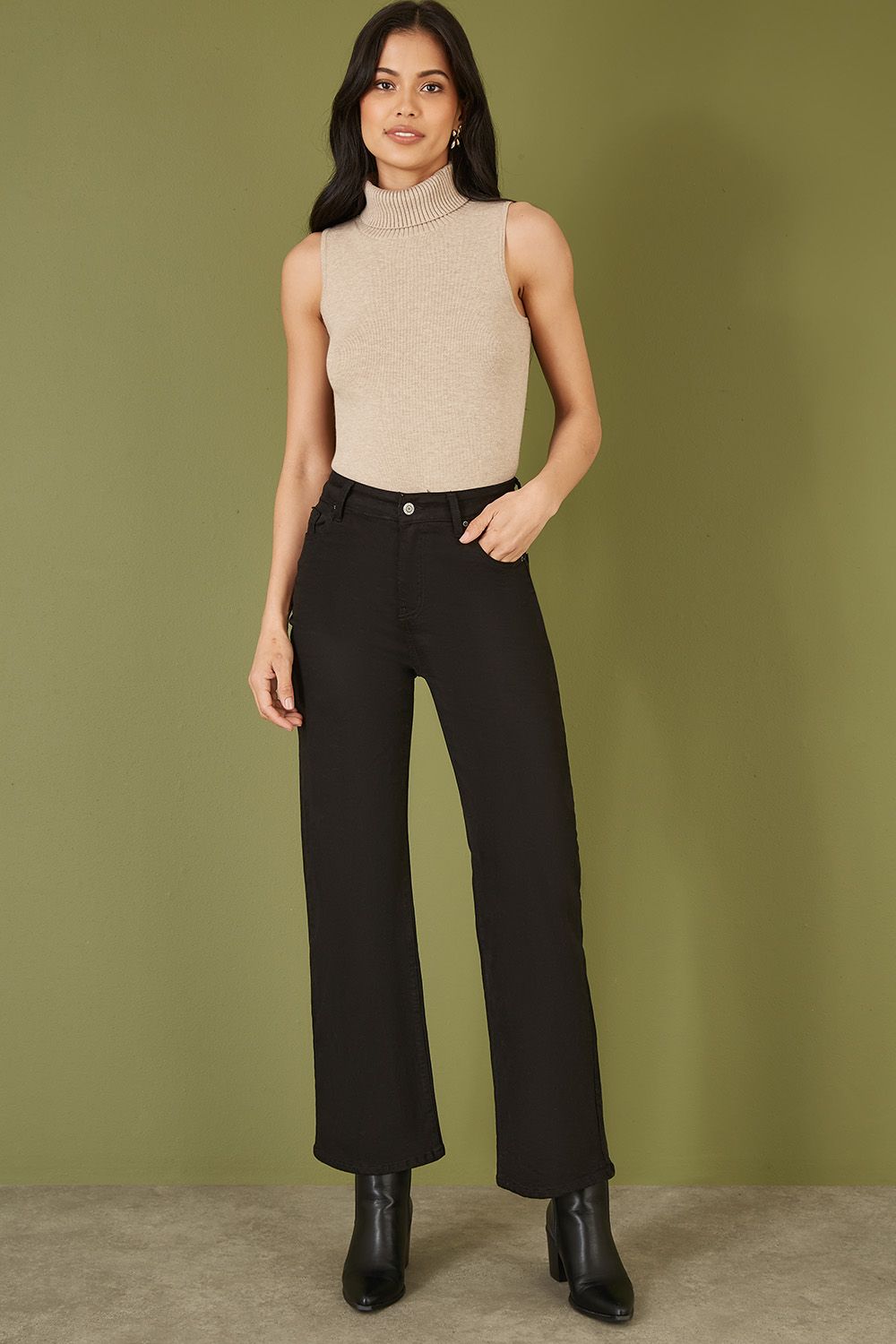 Yumi Black Stretch Canvas Wide Leg High Waist Jeans