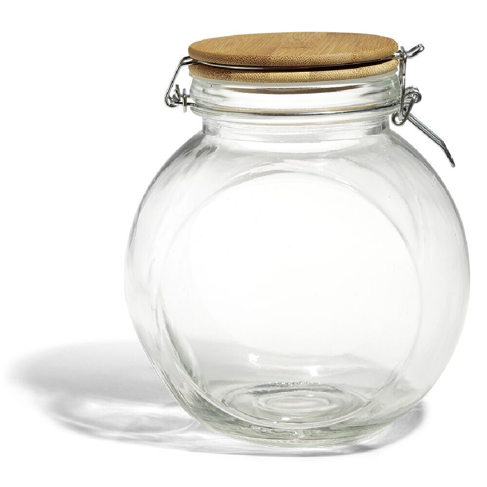 Bocal verre transparent 1,6L avec couvercle bambou et clip en fer
