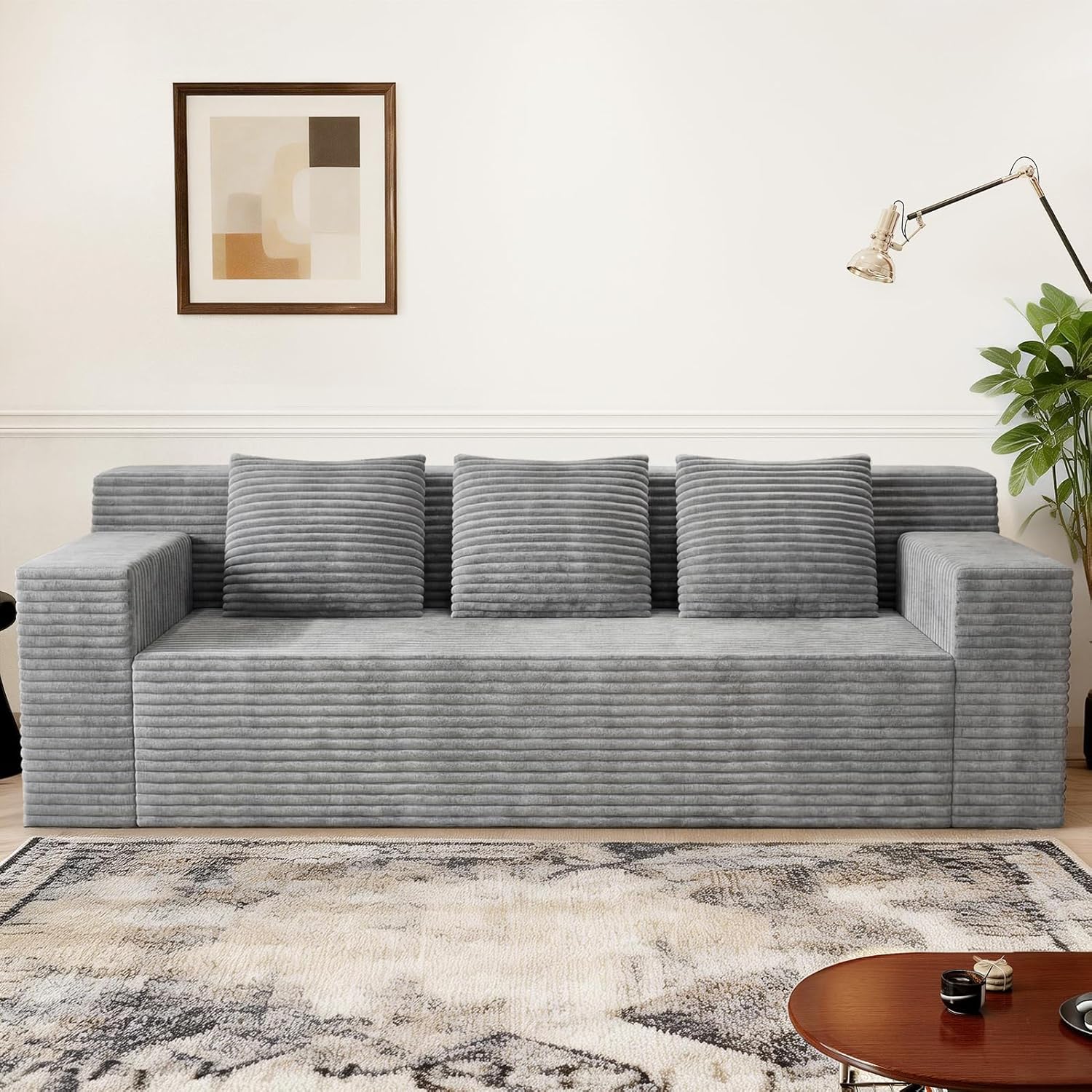 71 Corduroy Living Room Sofa, 3 Setaser Deep Seat Couch with 3 Lumbar Pillows, Comfy Boneless Sofa Modern Compressed Couch for Bedroom, Office, Apartment, No Assembly, Flat Armrests (Light Grey)