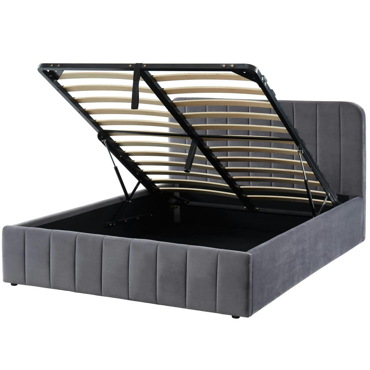 AVA - Lit coffre 140x190cm en velours gris + tête de lit + sommier à lattes