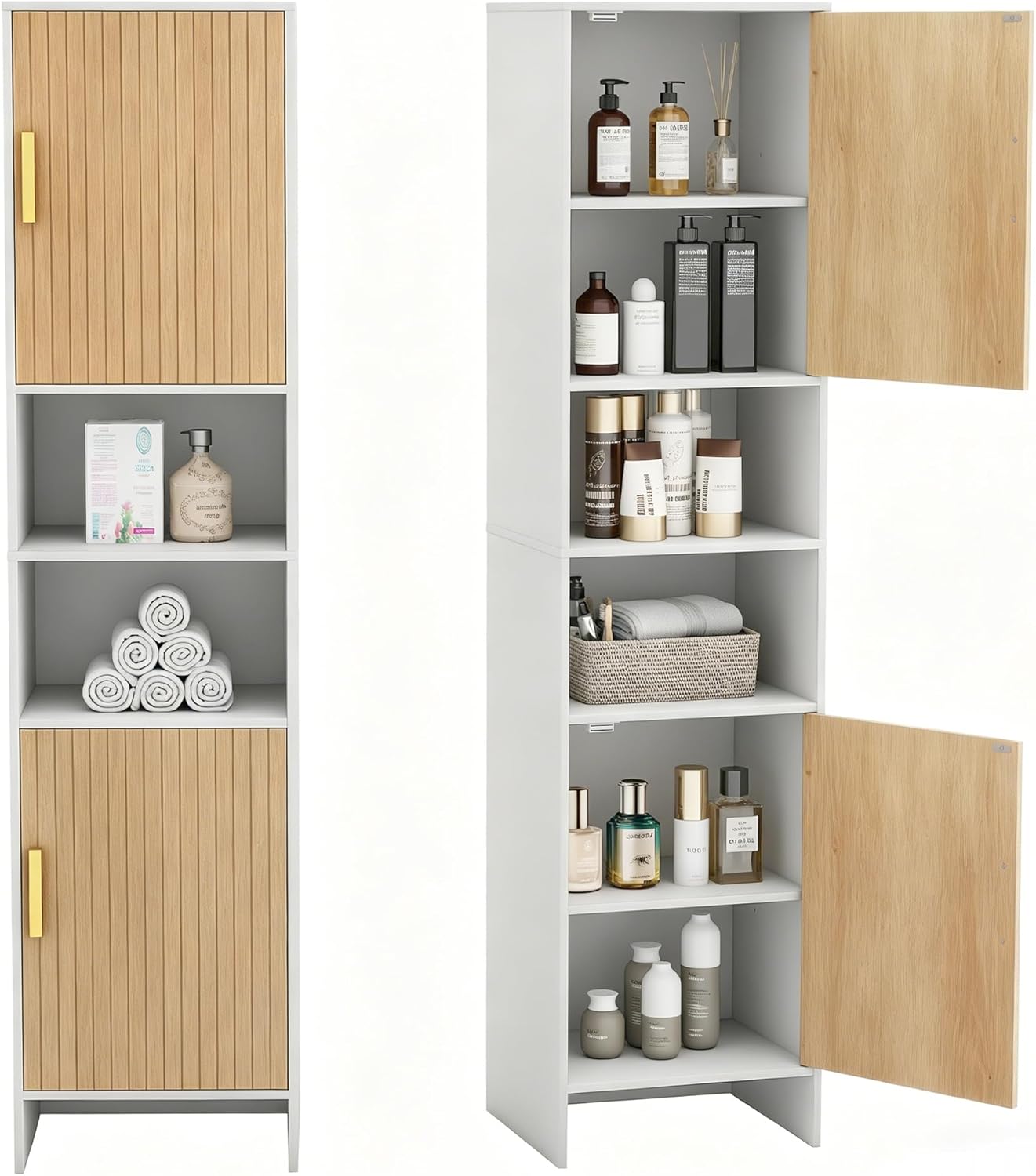 Tall Storage Cabinet, 13.15 Inch Narrow Bathroom Cabinet with USB Magnetic Light, Open Shelf, Magnetic Doors, 2 Adjustable Shelves, Anti-Tip Kit for Small Spaces, Living Room, White, 57.1 H