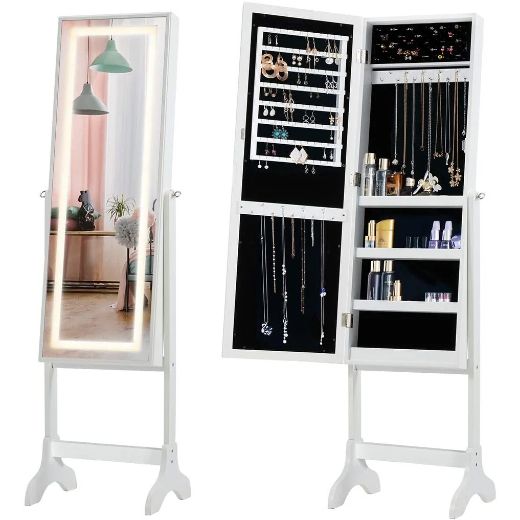 EROMMY Wall Jewelry Armoire, with Full Length Mirror, LED Light and Lockable Design