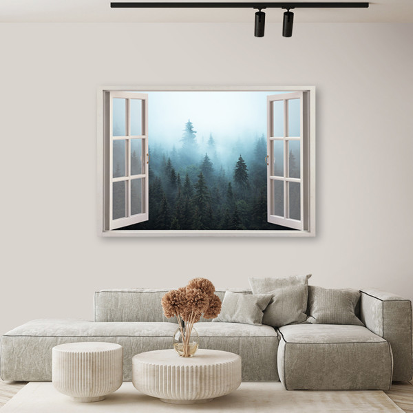 Feeby Obraz na płótnie, Okno widok Las we mgle natura 60x40
