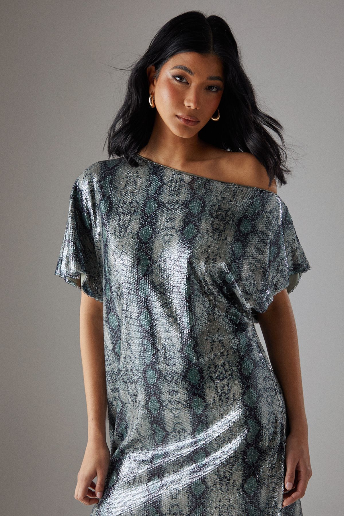 Warehouse Snake Sequin Fallen Shoulder Slouchy Mini Dress