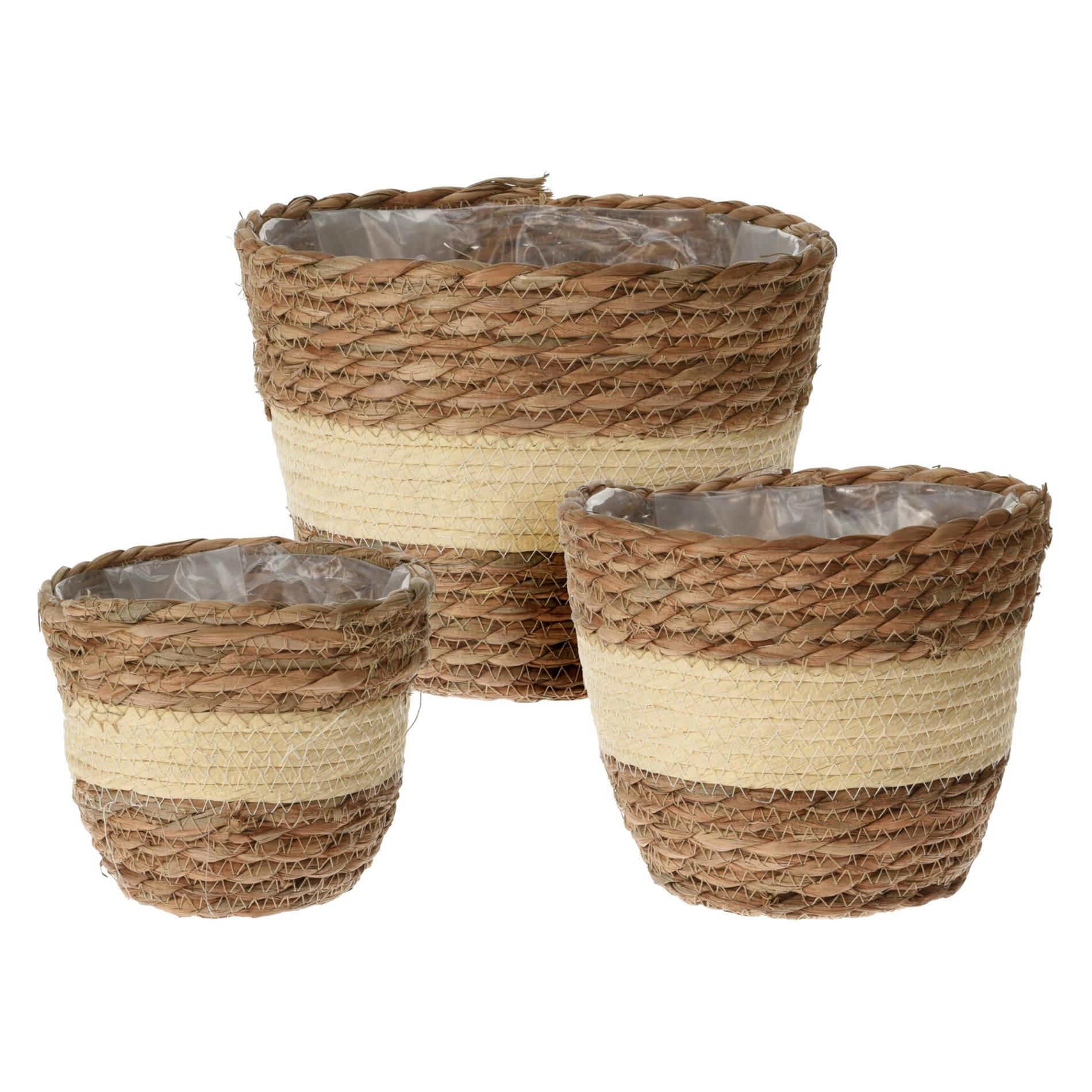 - Lot de 3 pots de fleurs en paille avec intérieur imperméable