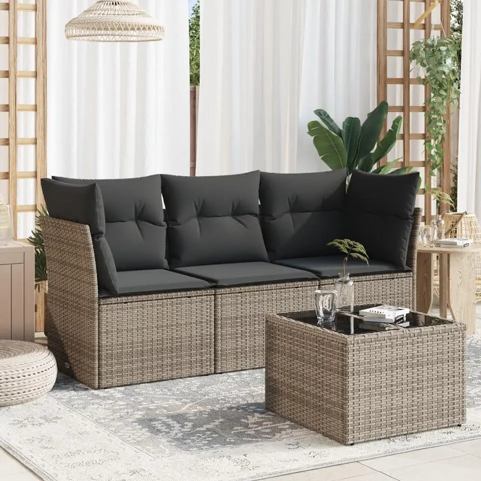 vidaXL 3-delige Loungeset met kussens en tuintafel - Grijs - Poly Rattan
