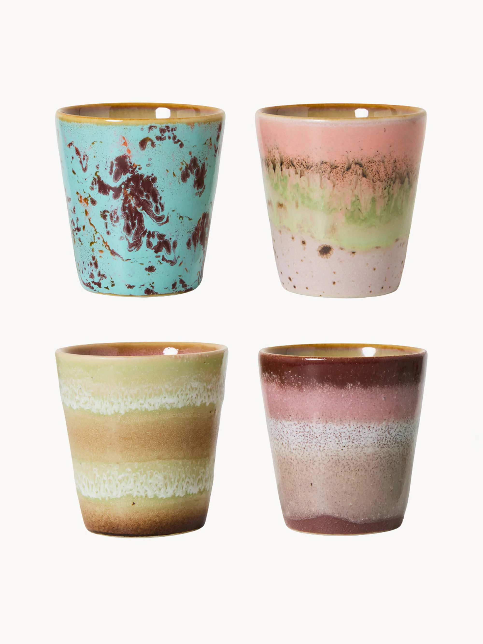 Handgefertigte Becher 70's mit reaktiver Glasur, 4er-Set