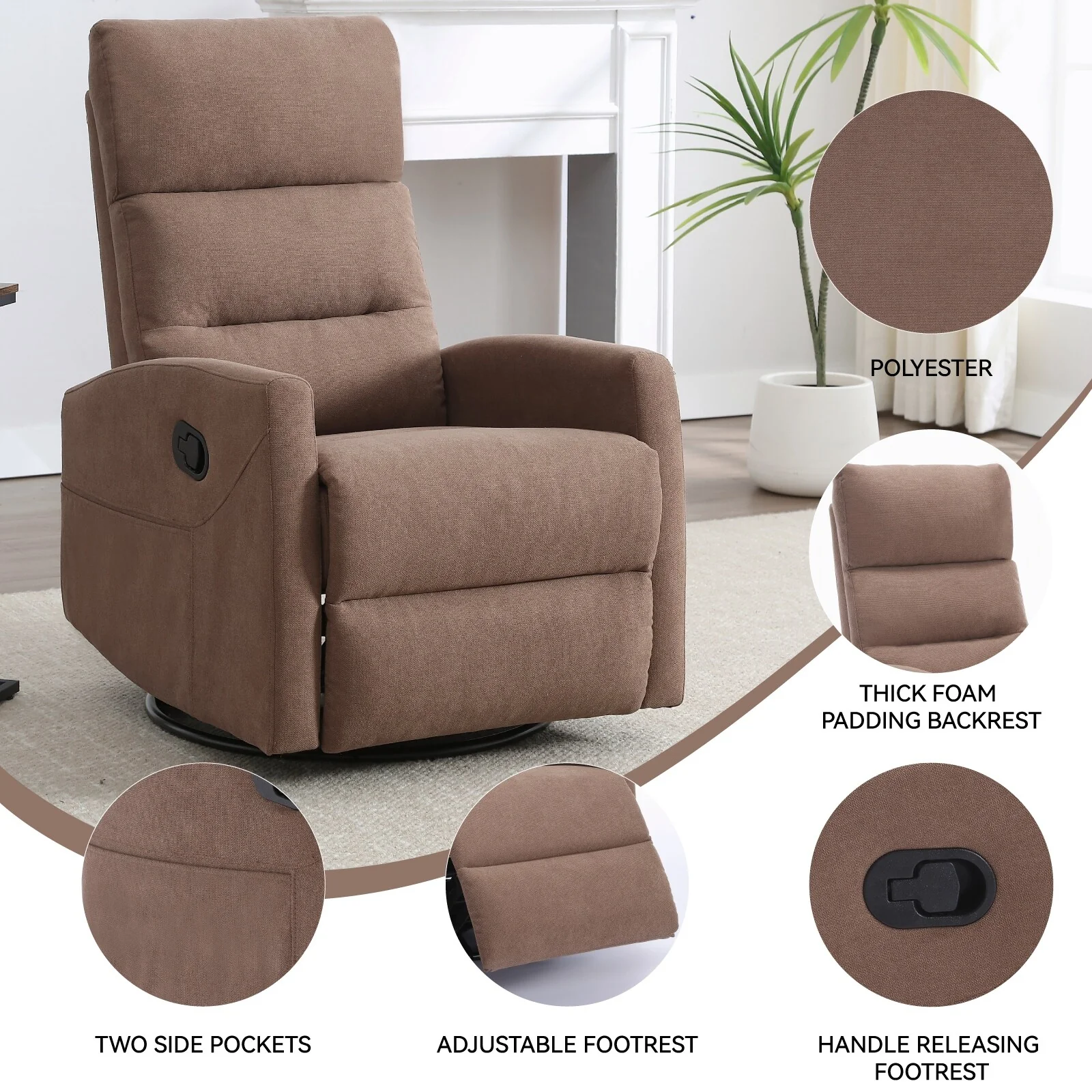 Manual Recliner Chair for Adults, 360° Swivel Rocker Fabric Recliner w/Square Arms & Cushion Back, Nursery Chairs, for Bedroom