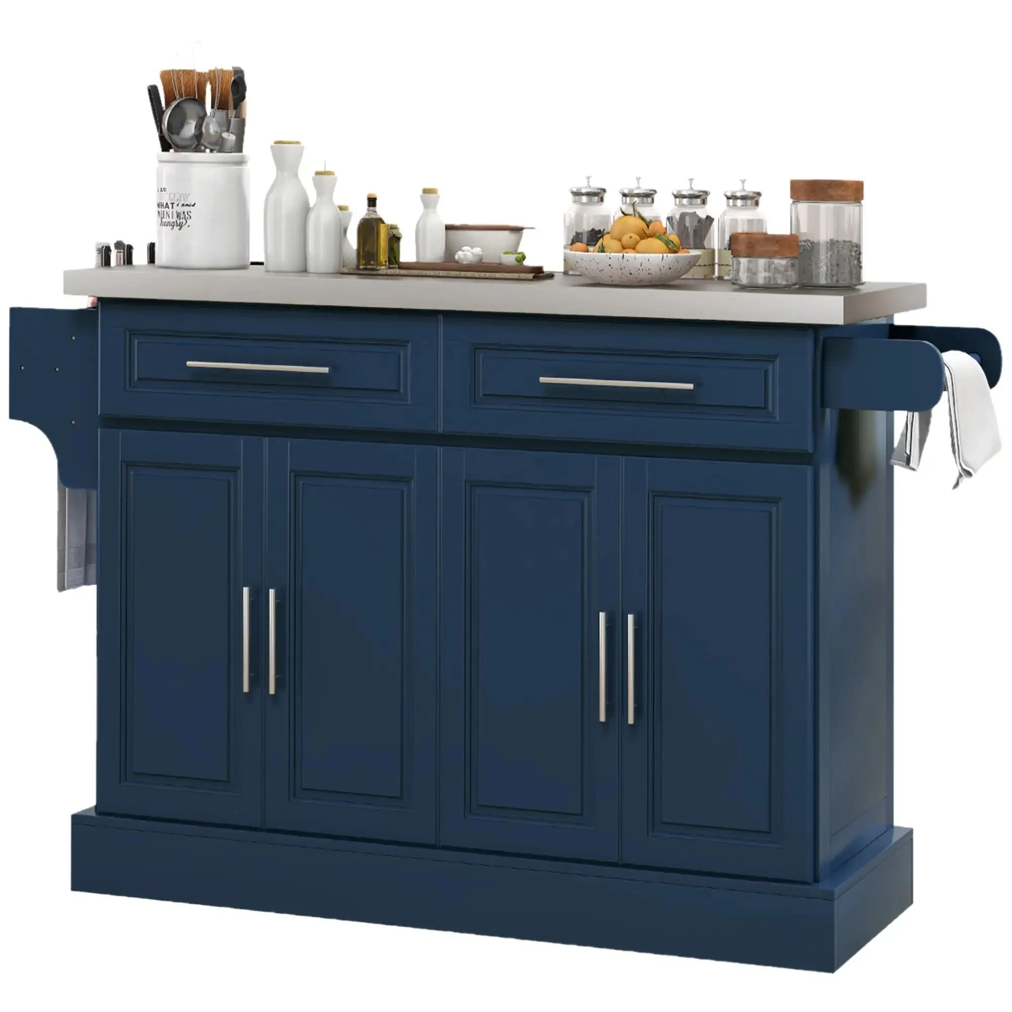 Stainless Steel Rolling Kitchen Island, 2-Drawer Navy Blue Storage