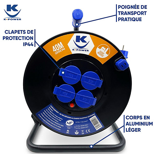 Enrouleur Pro 40M 3G2.5 IP44 avec 4 Prises à Clapet pour Usage Intensif en Intérieur &Extérieur