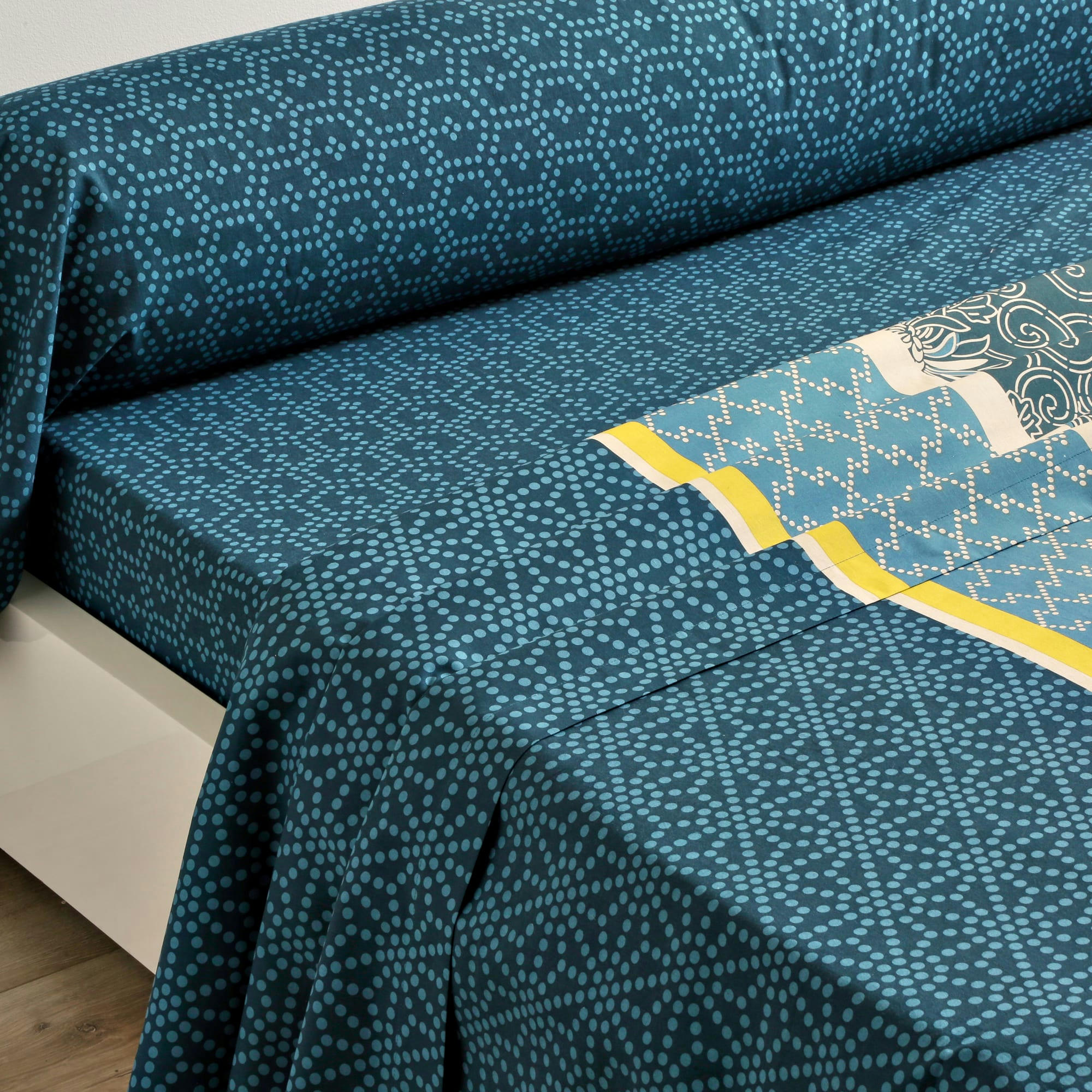 CUZCO - Drap-housse 140x190 bleu en coton