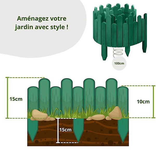 Floranica bordure jardin 15 cm, vert, 100cm, clôture bois flexible, palissade, rouleau bordure, bord pelouse, clôture enfichable