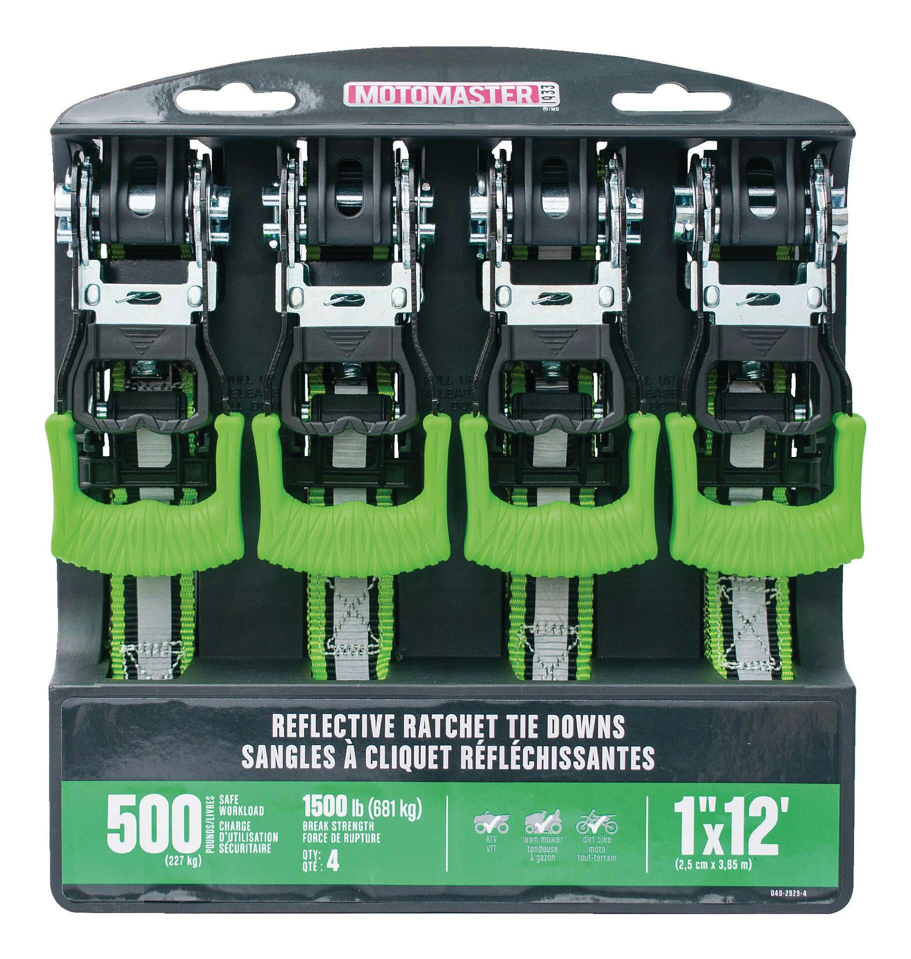 MotoMaster 1,500-lb Reflective Ratchet Tie Down Strap, with Padded D-Handle, 1-in x 12-ft, 4-pk