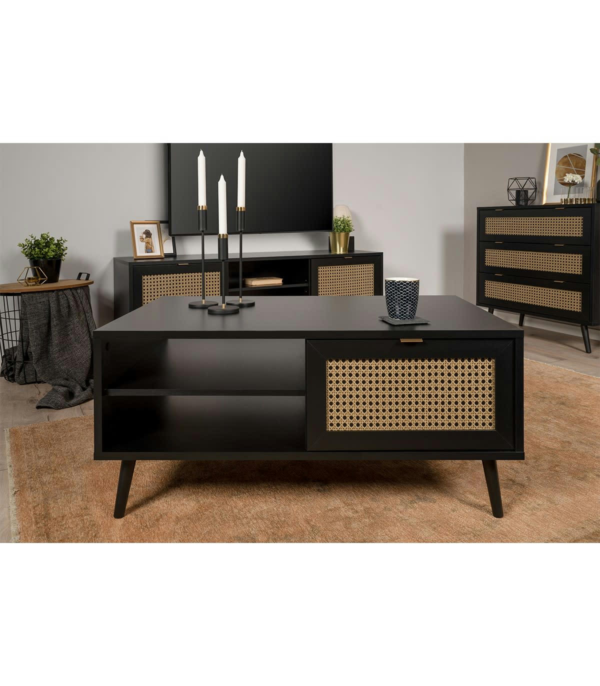VILLA - Table basse 1 abattant 2 niches impression cannage et noir- L100 cm