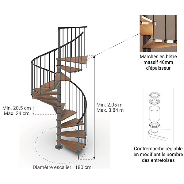 Escalier colimaçon 15 marches - Haut. à franchir 3.08 à 3.60m - Diam. 180cm - Trémie ronde - Struct. Anthracite / marches Noyer -