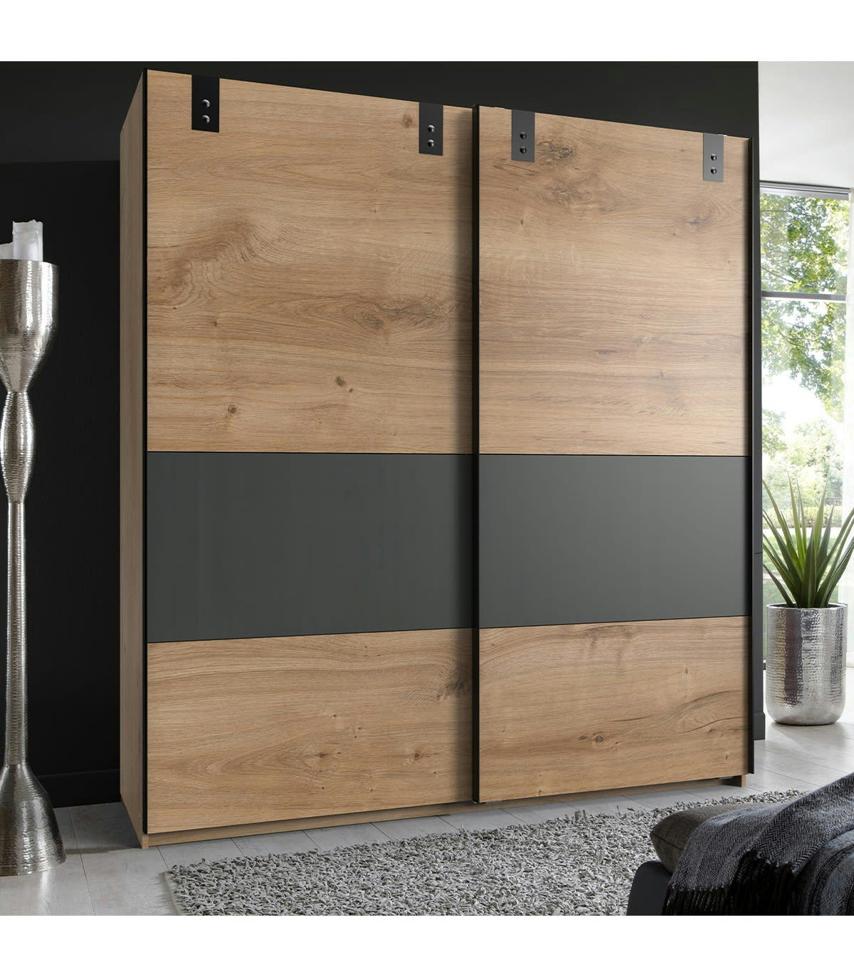 - Armoire 2 portes coulissantes avec insert coloris graphite - L135 cm
